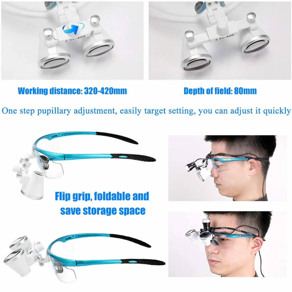 Lupa portátil 3.5X 420mm Quirúrgica Médica Lupas binoculares Auriculares de Vidrio óptico con LED 3W