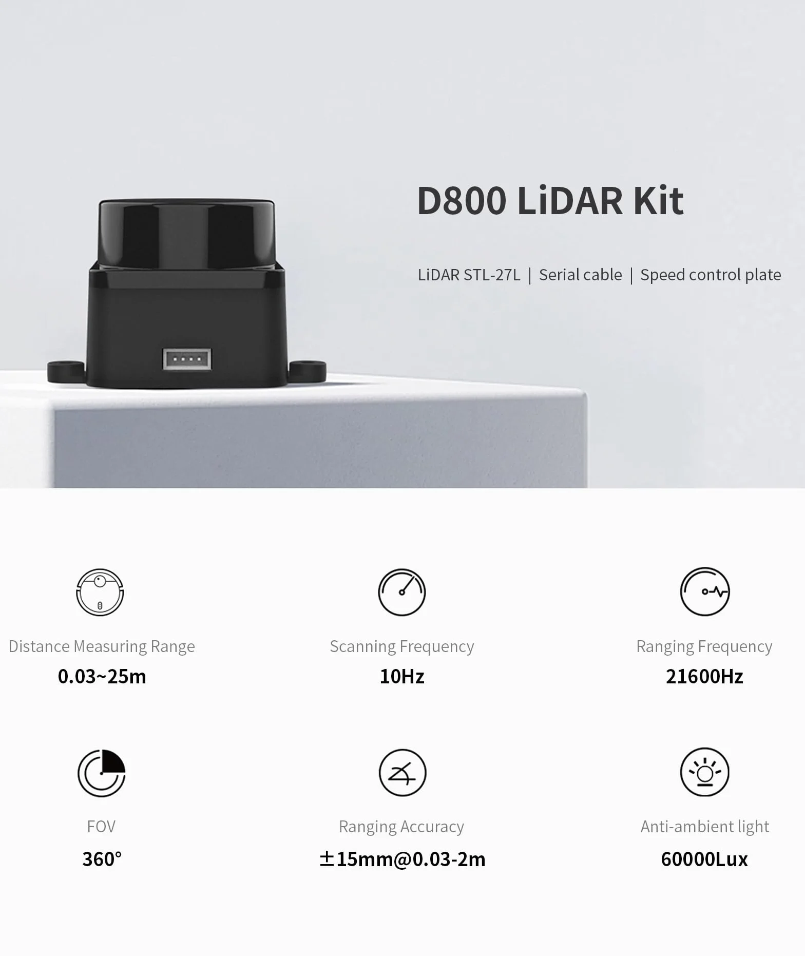 youyeetoo FHL-LD19 Plus (D800) Sensor Lidar – 25 metros (80 pies) Rango de 360°, 2 x LD19 Power; Proporciona tutorial ROS/Raspberry para robot Drone Slam, kit de escáner Lidar con adaptador