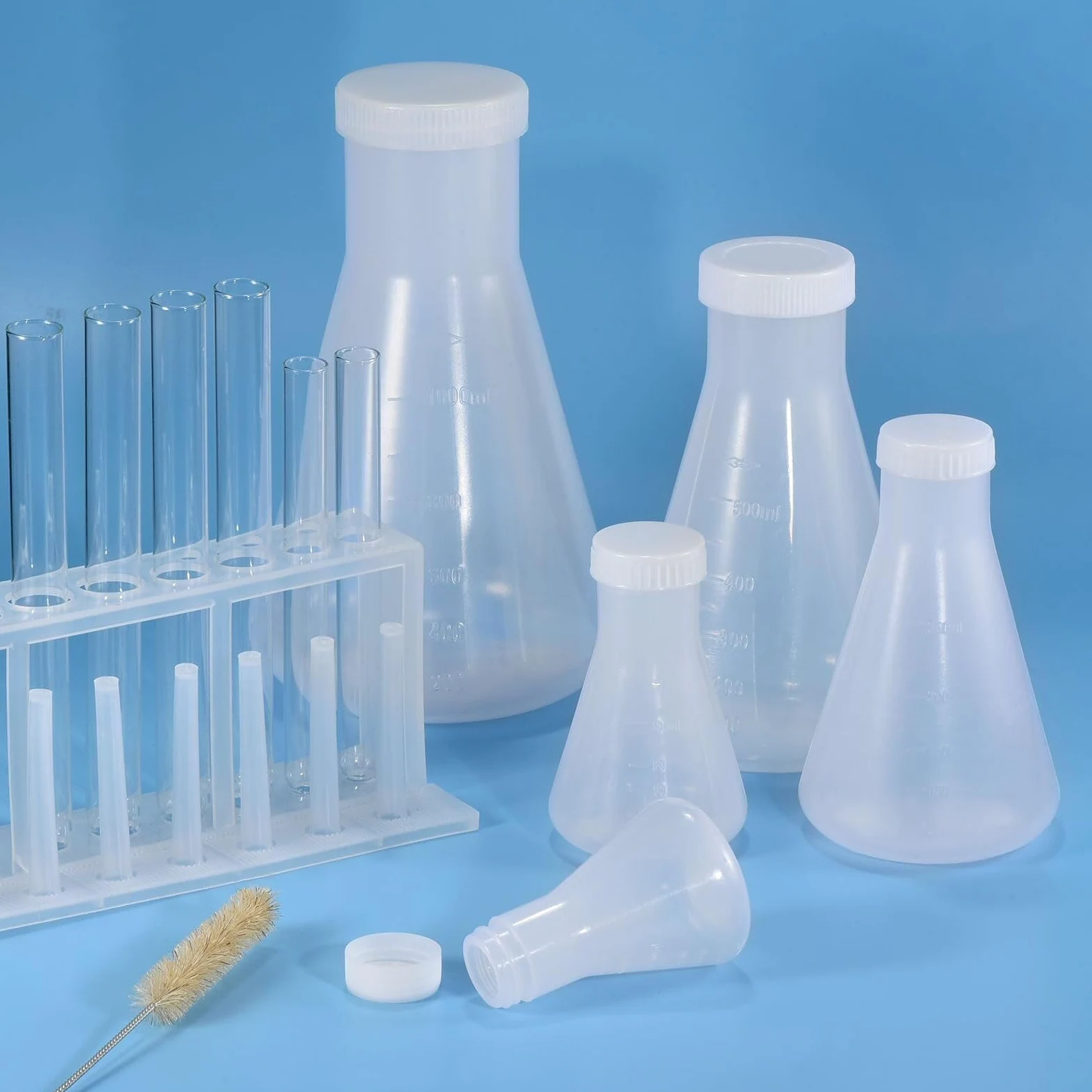 Matraz de Erlenmeyer de Plástico 250ml con Tapón de Roscas, Paquete de 2 Matraz Cónico de Boca Estrecha para Laboratorio, Transparente(250ML)