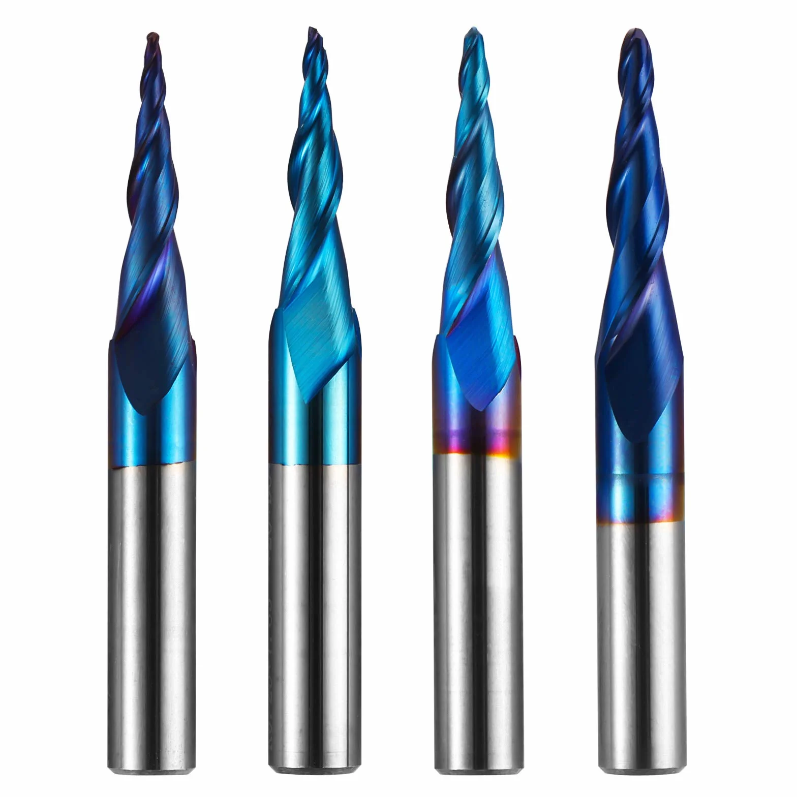 Genmitsu 4 piezas de 2 canales CNC de nariz de bola cónica en espiral, revestimiento nano azul, grabado 2D y 3D, brocas de carpintería, R0.25-1.0, vástago de 1/4 de pulgada, TB04B