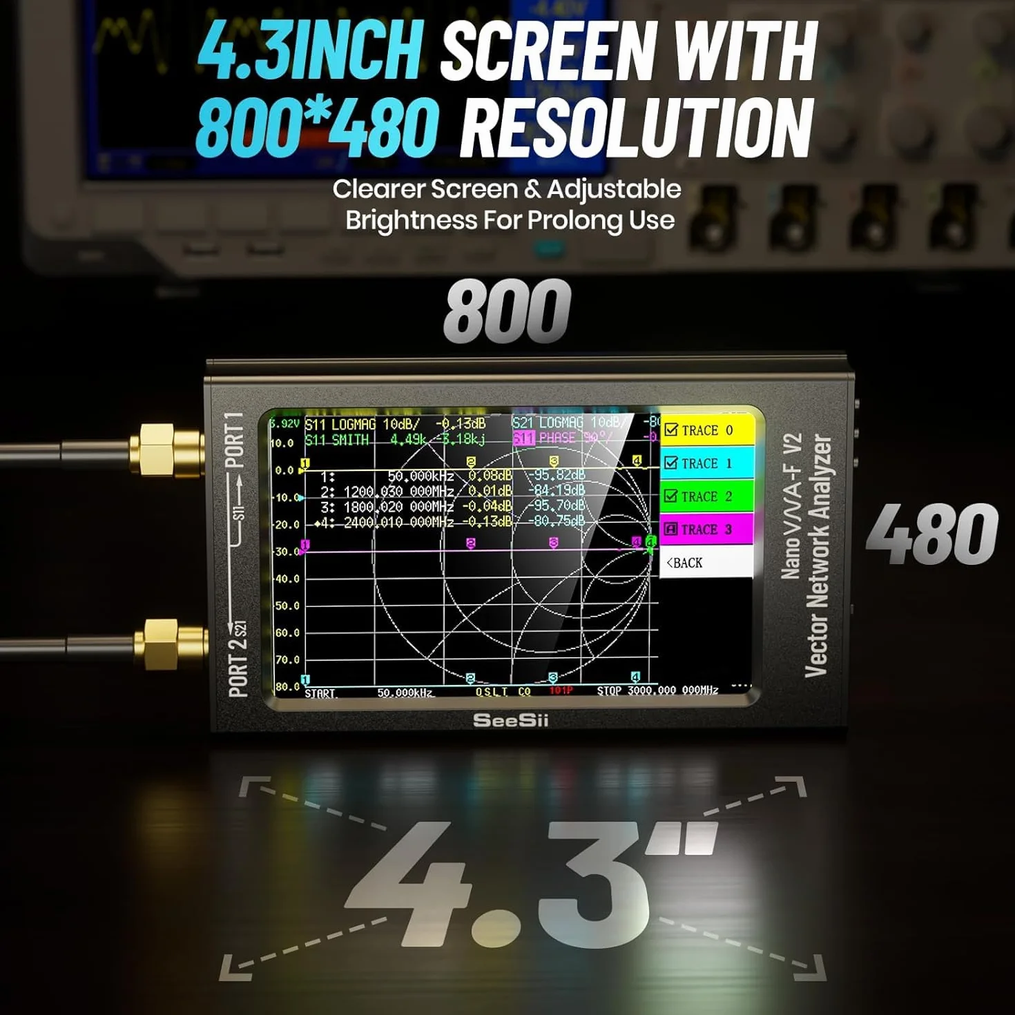 Seesii Analizador de Red Vectorial NanoVNA-F V2, Analizador de Antena Actualizado 50kHz-3000MHz HF/VHF/UHF/VNA con 4,3'' Pantalla para, Medición de S-Parameter, Voltaje SWR, Fase, Retardo, Smith Chart