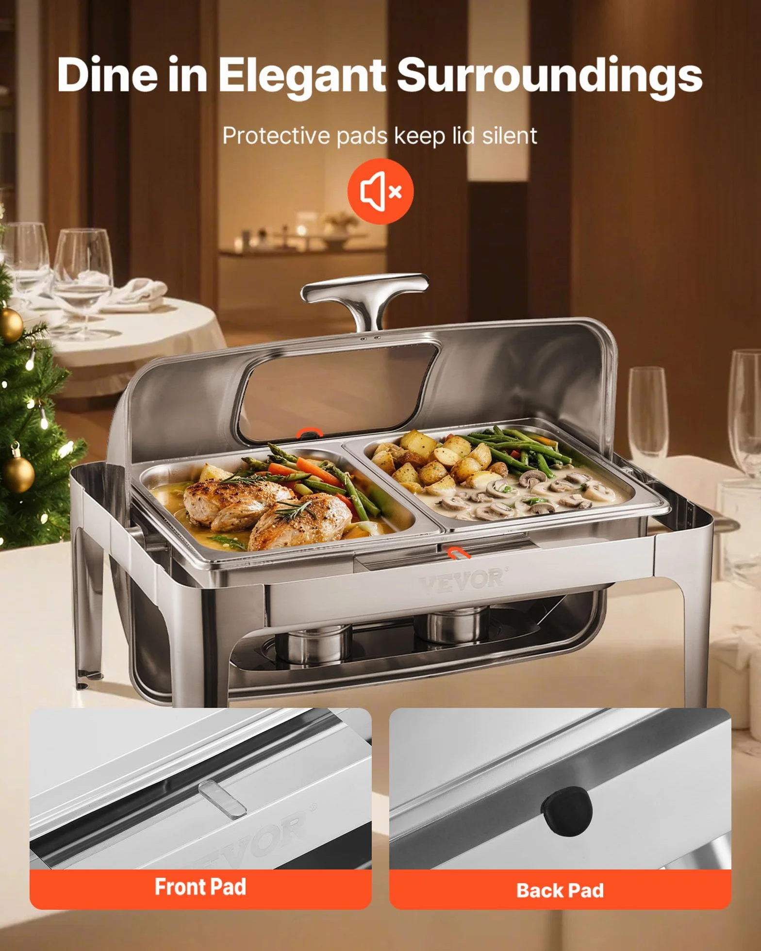 VEVOR Juego de Calentador de Alimentos de Acero Inoxidable con 2 Cacerolas de Tamaño Medio(3,9 L), Rectangular, Tapa Visible y Soporte para Bandeja de Agua y Depósito de Combustible, Plata, 1 ud