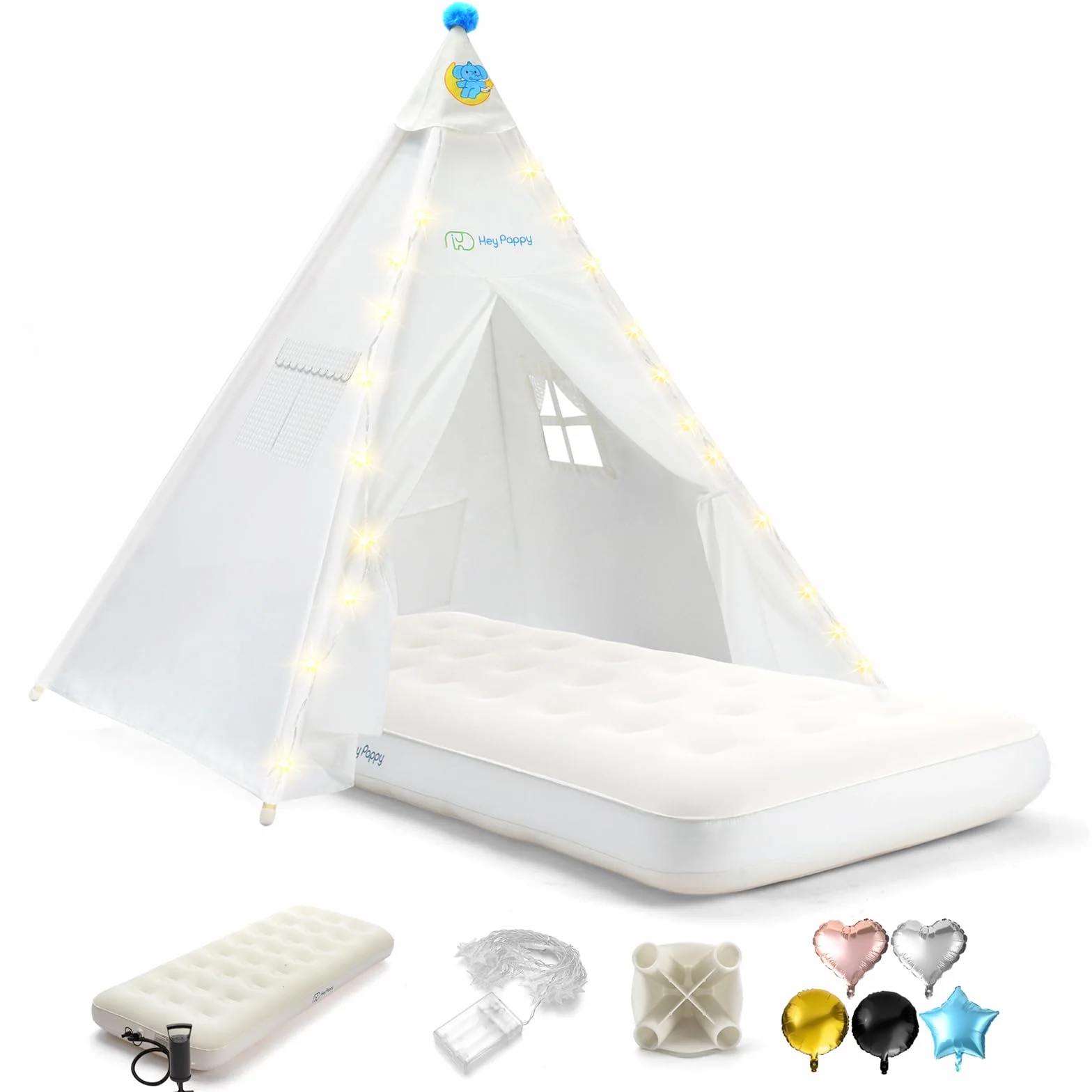 Tipi Infantil Tienda Campaña con Colchón Inflable Luces Globos Bomba Lavable Fiesta Pijamas Interior Exterior Niños Niñas Casa Juego Dormir