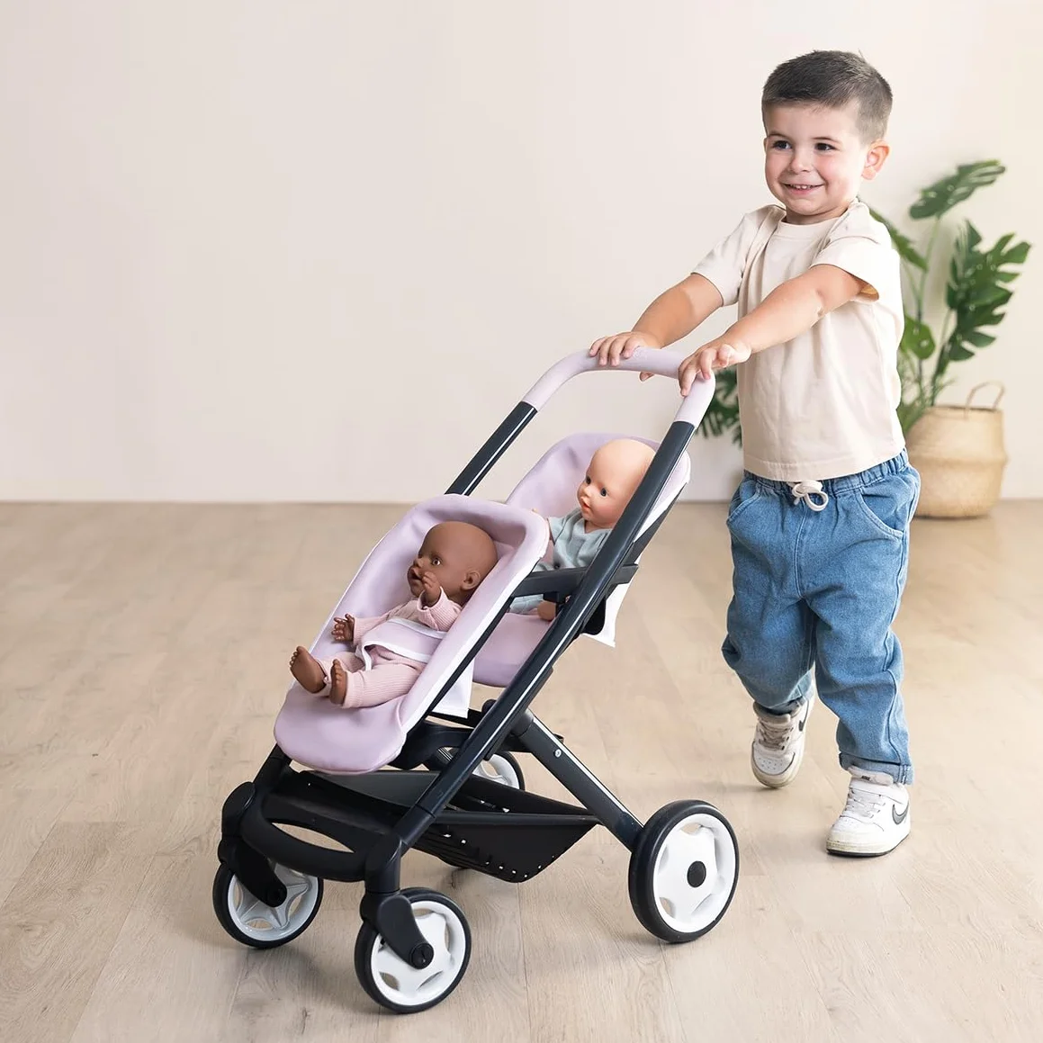 Smoby Maxi-Cosi Cochecito Gemelar Rosa para 2 Muñecas 42 cm Ruedas Silenciosas Multidireccionales