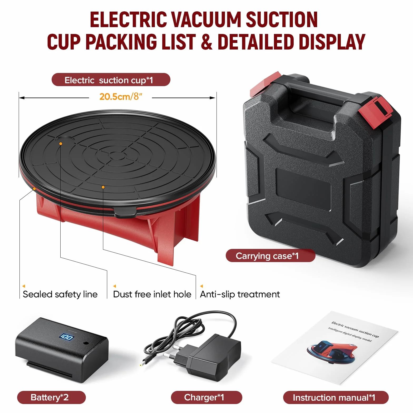 Ventosas Eléctrica 300KG 8" para Azulejos Cristal Mármol con 2 Baterías