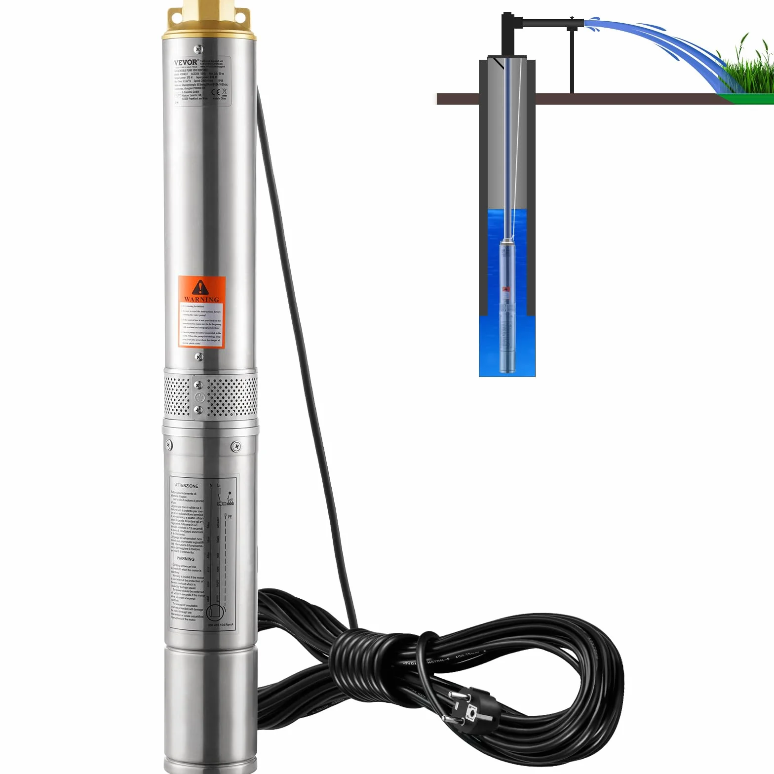 VEVOR S220V370W Bomba de agua para pozos profundos, plata