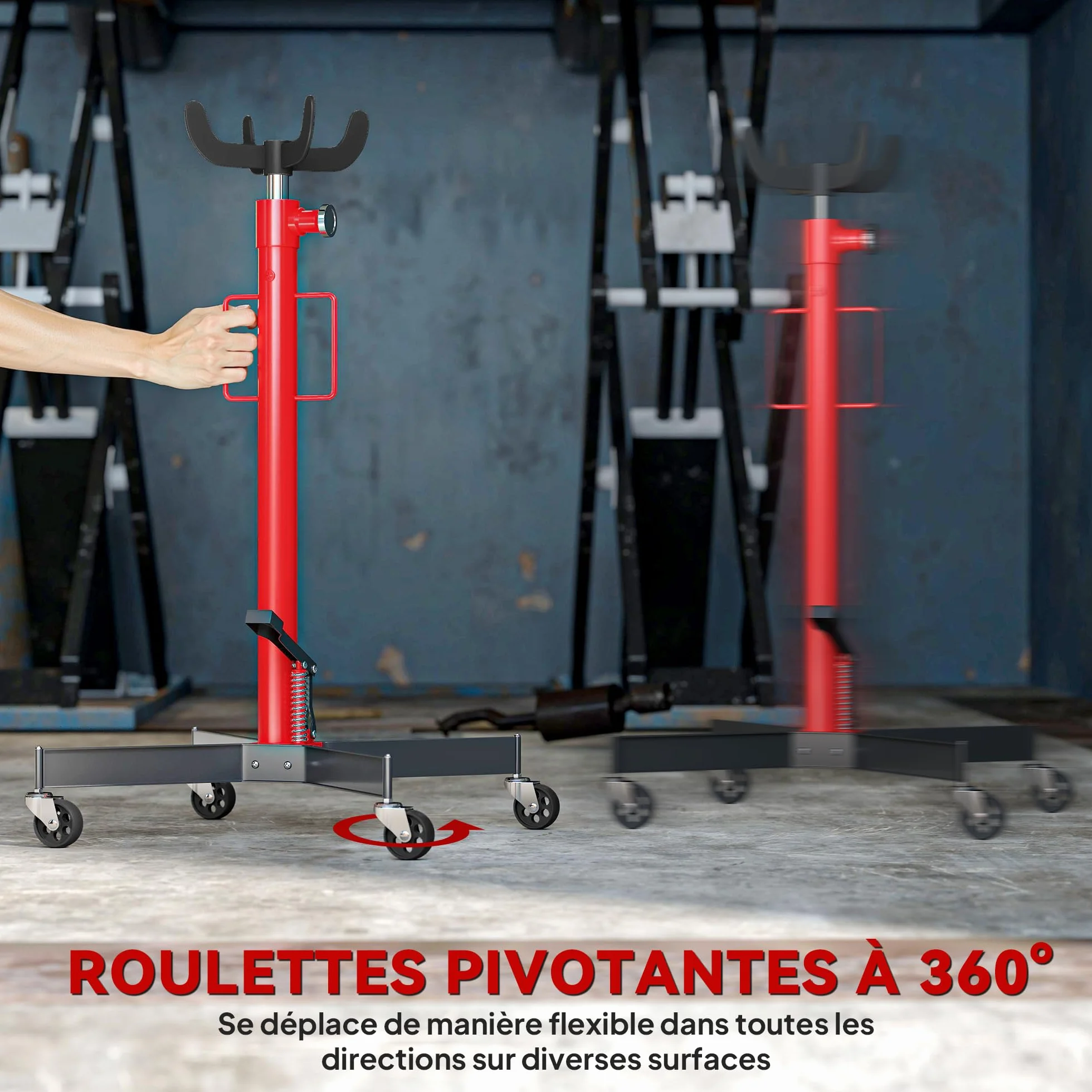 HOMCOM Gato hidráulico de foso para caja de cambios, gato elevador de acero 500 kg, altura regulable 110-191,5 cm, gato hidráulico de transmisión 4 ruedas giratorias, pedal, para coches, rojo