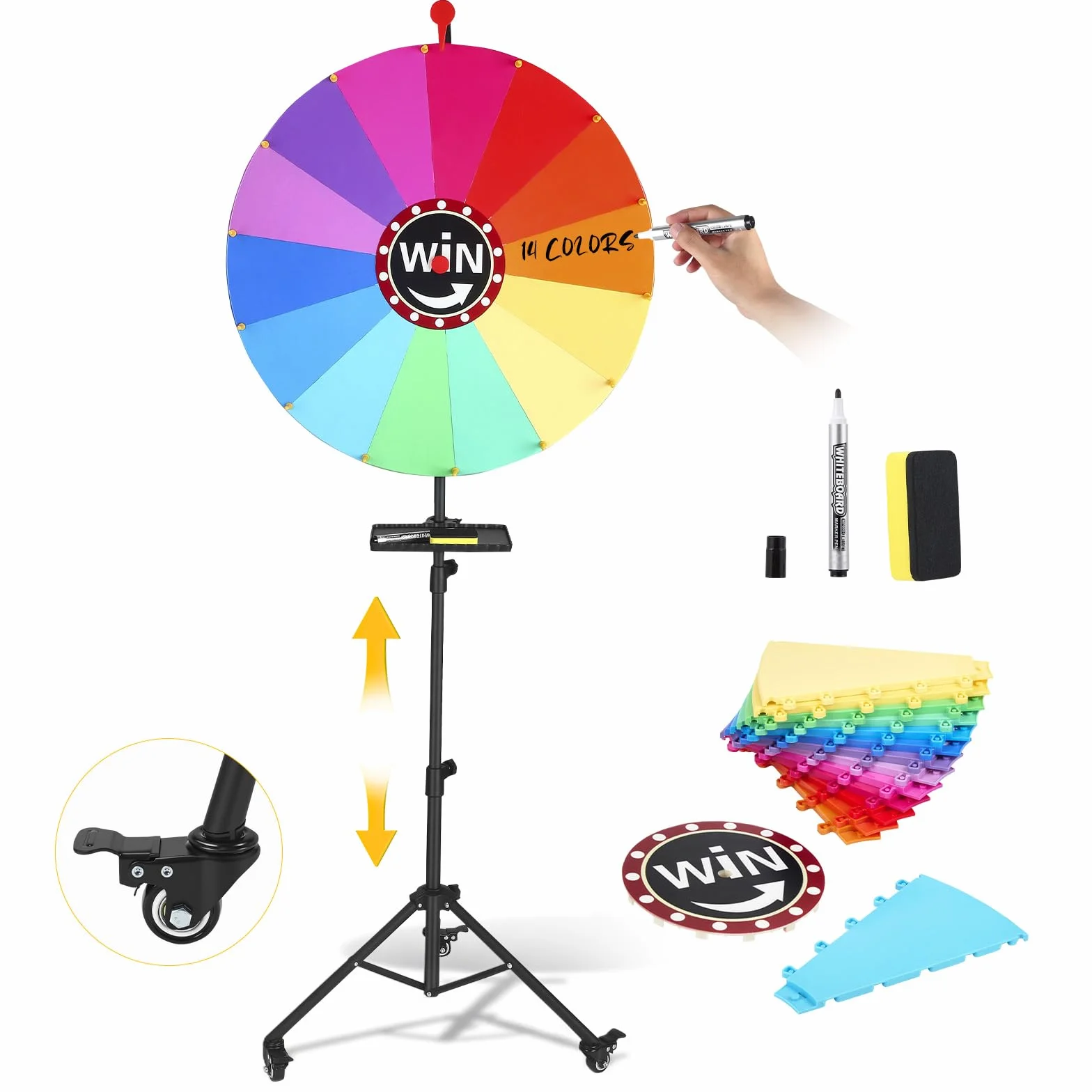 Rueda de la fortuna 60 cm con soporte 165 cm, 14 ranuras coloridas, ruleta de premios para carnaval