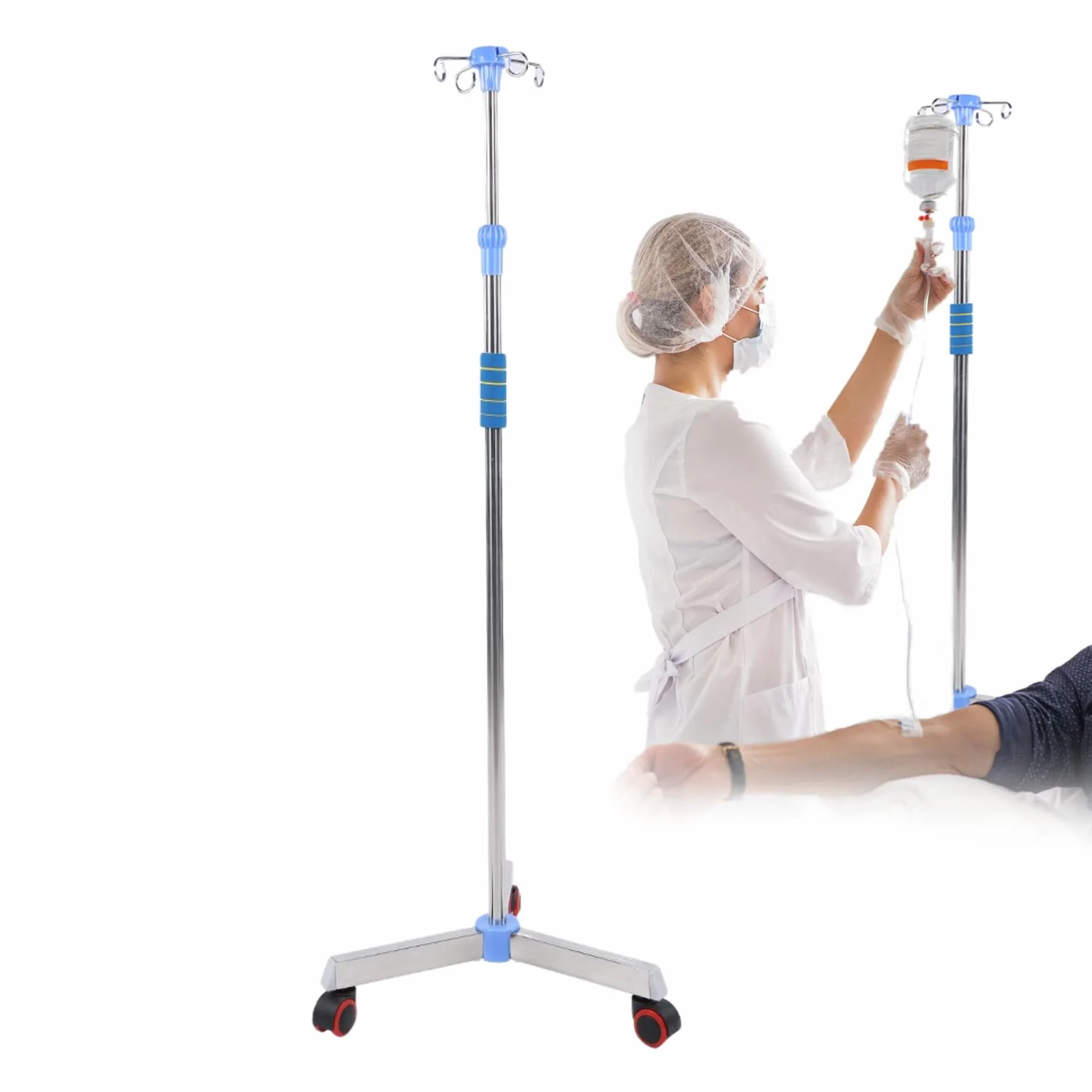 Soporte para suero intravenoso con ruedas, soporte de acero inoxidable Soporte para infusión portátil Soporte para bolsa intravenosa con 4 ganchos para el hospital y el hogar, altura ajustable