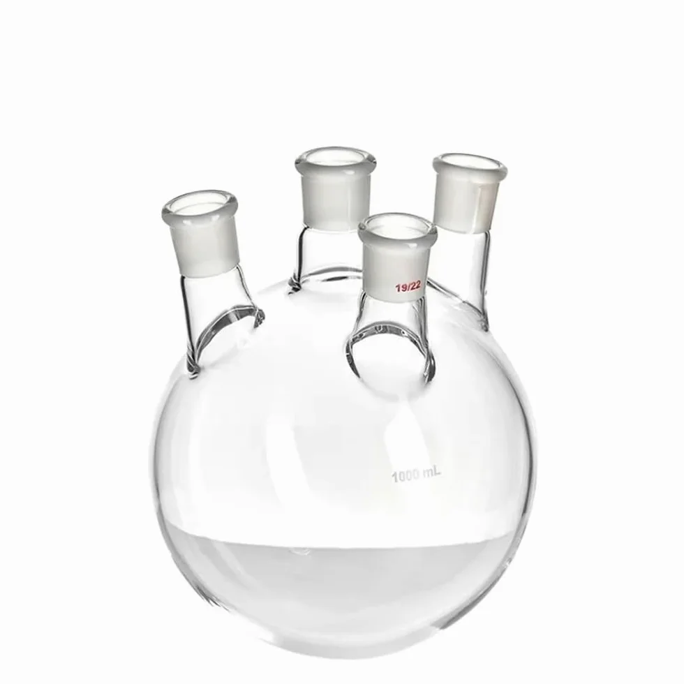 For laboratorio, frasco oblicuo de cuatro bocas de paredes gruesas, matraz de cuatro bocas de forma oblicua, capacidad 1000 ml, vidrio de borosilicato(1000mL-F2290091)