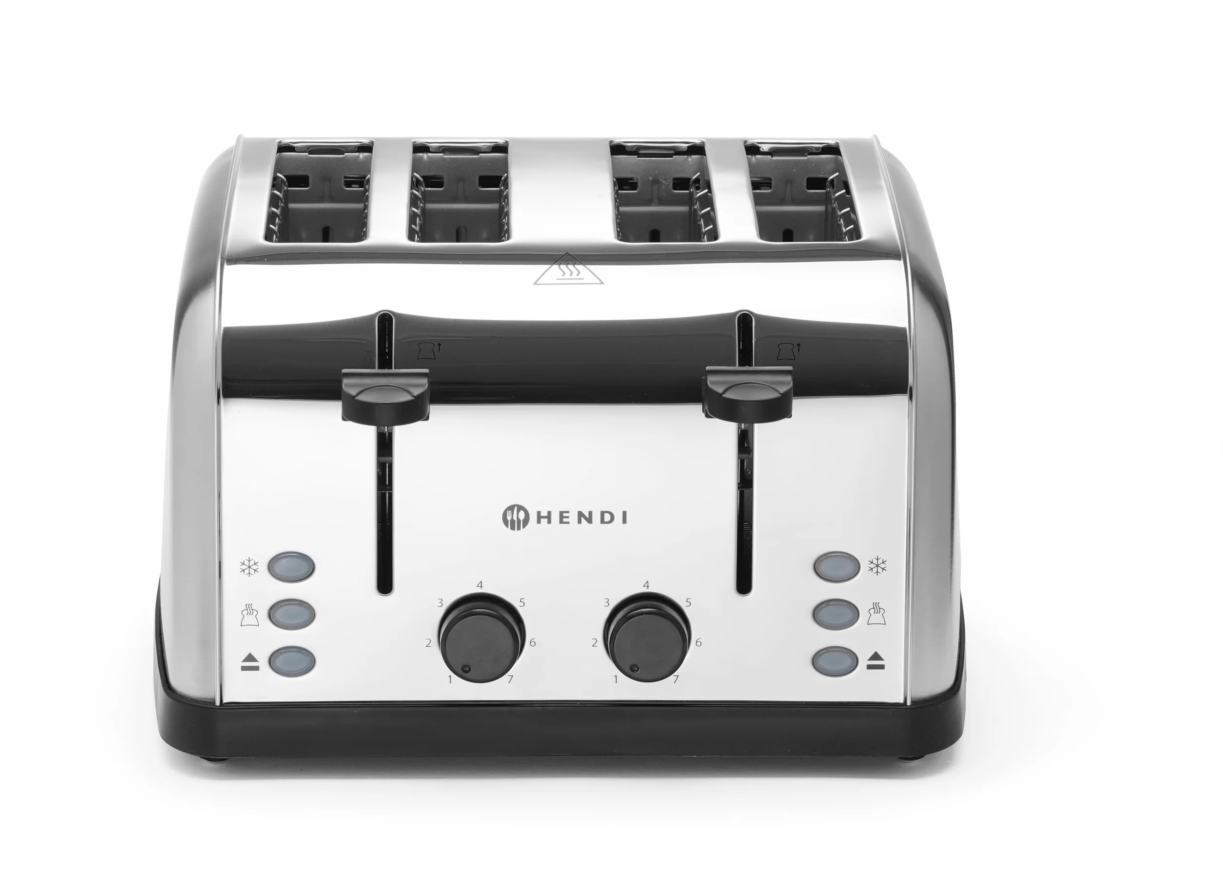 HENDI Tostadora de pan, 4 ranuras extra anchas, 2 zonas de calentamiento, tostador, 7 niveles de tostado, 3 funciones: tostar, decongelar y recalentar, 240V, 1500W, 295x335x(H)180mm, acero inoxidable