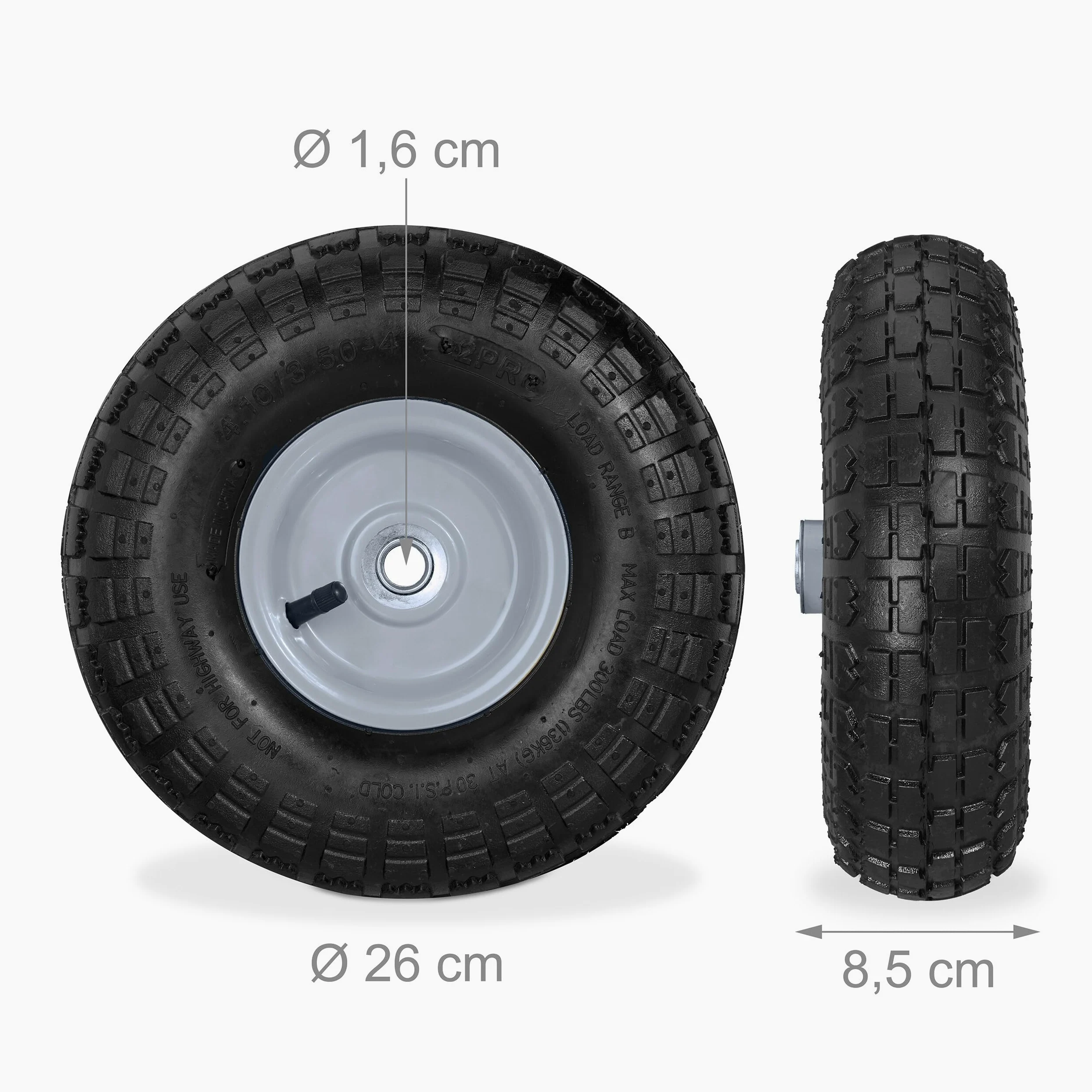 8 Ruedas Carretilla 4.1/3.5-4, Neumáticos de Recambio, Eje de 16 mm, hasta 136 kg, 260 x 85 mm, Negro/Gris