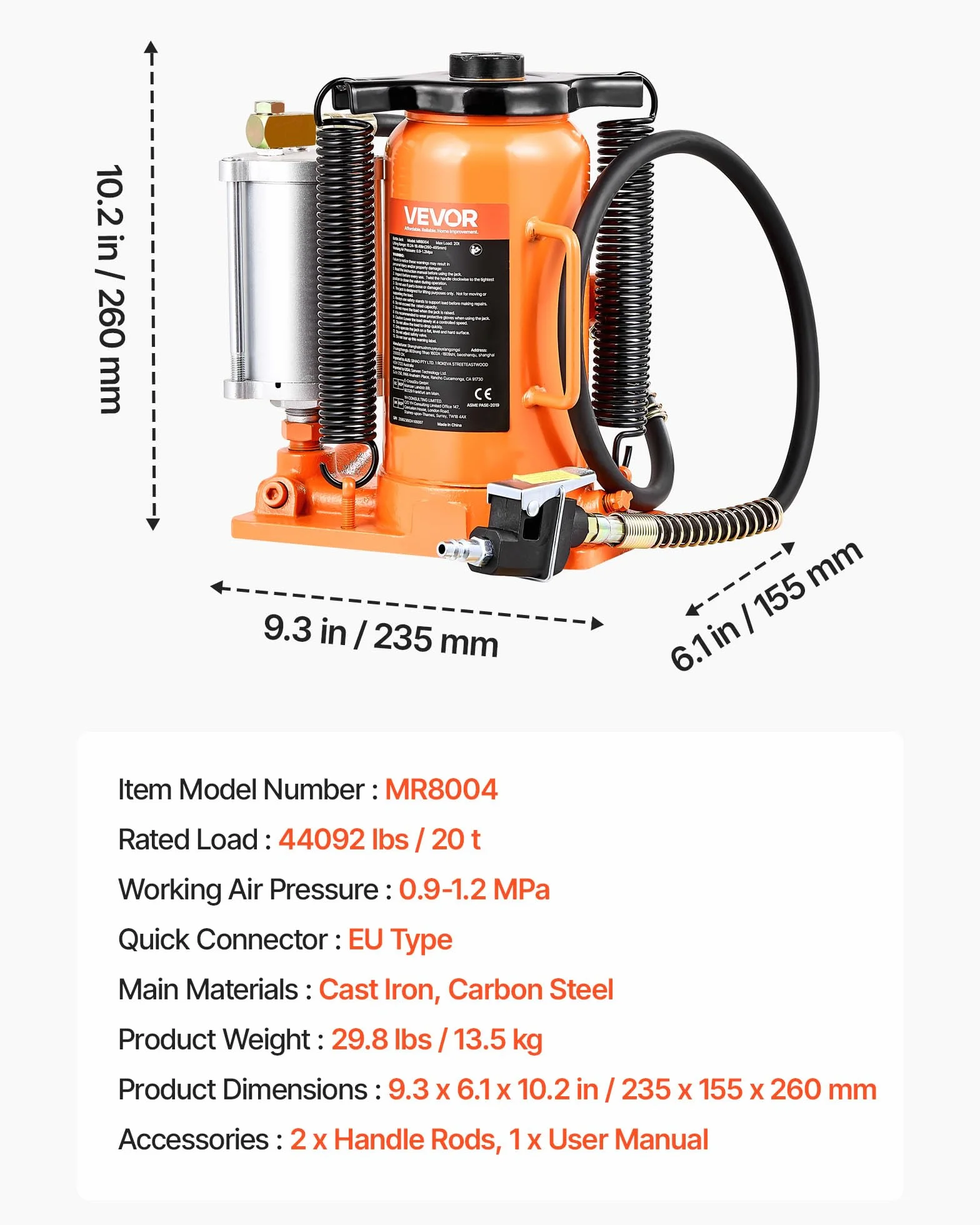VEVOR Gato Neumático de Botella 20 T, Elevación 260-495 mm, Bomba para SUV y Camionetas, 235x155x260 mm, Naranja