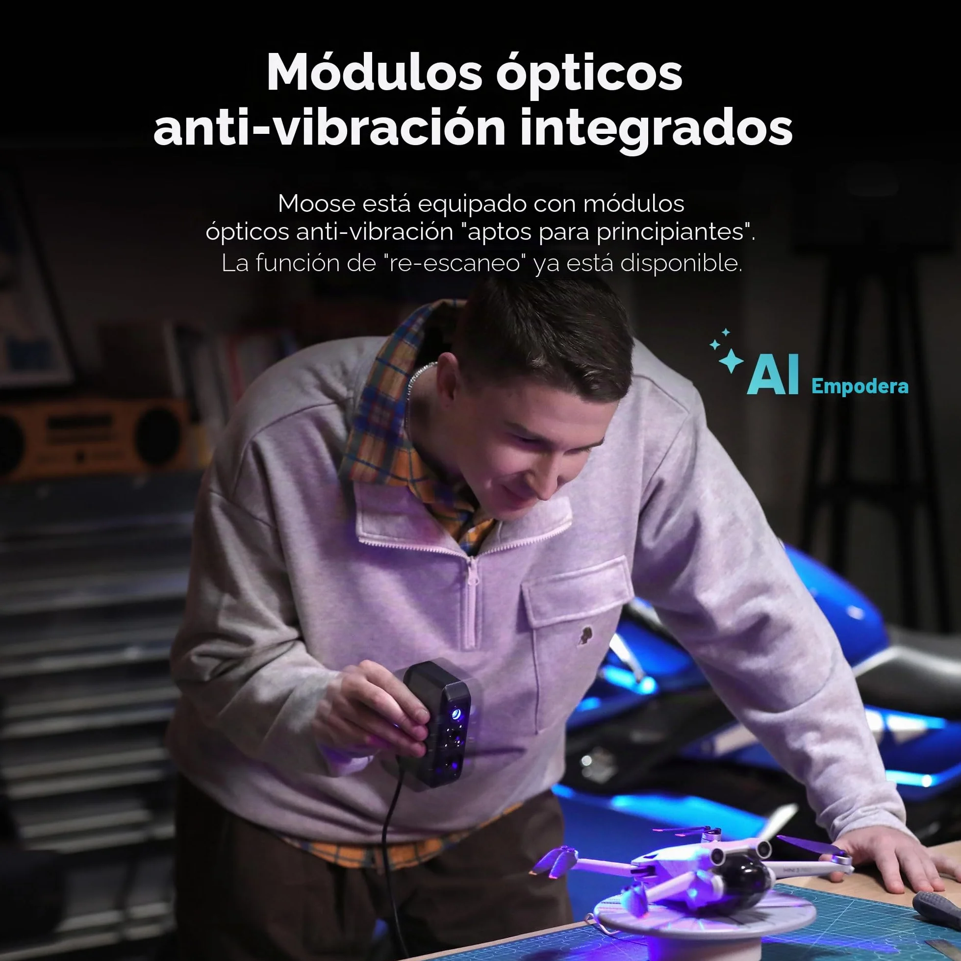 Escáner 3D para impresión 3D, escáner de modelos 3D portátil con precisión de alto detalle de 0,05 mm, velocidad de escaneo de 10 FPS, lentes antivibración, paquete estándar Moose Lite