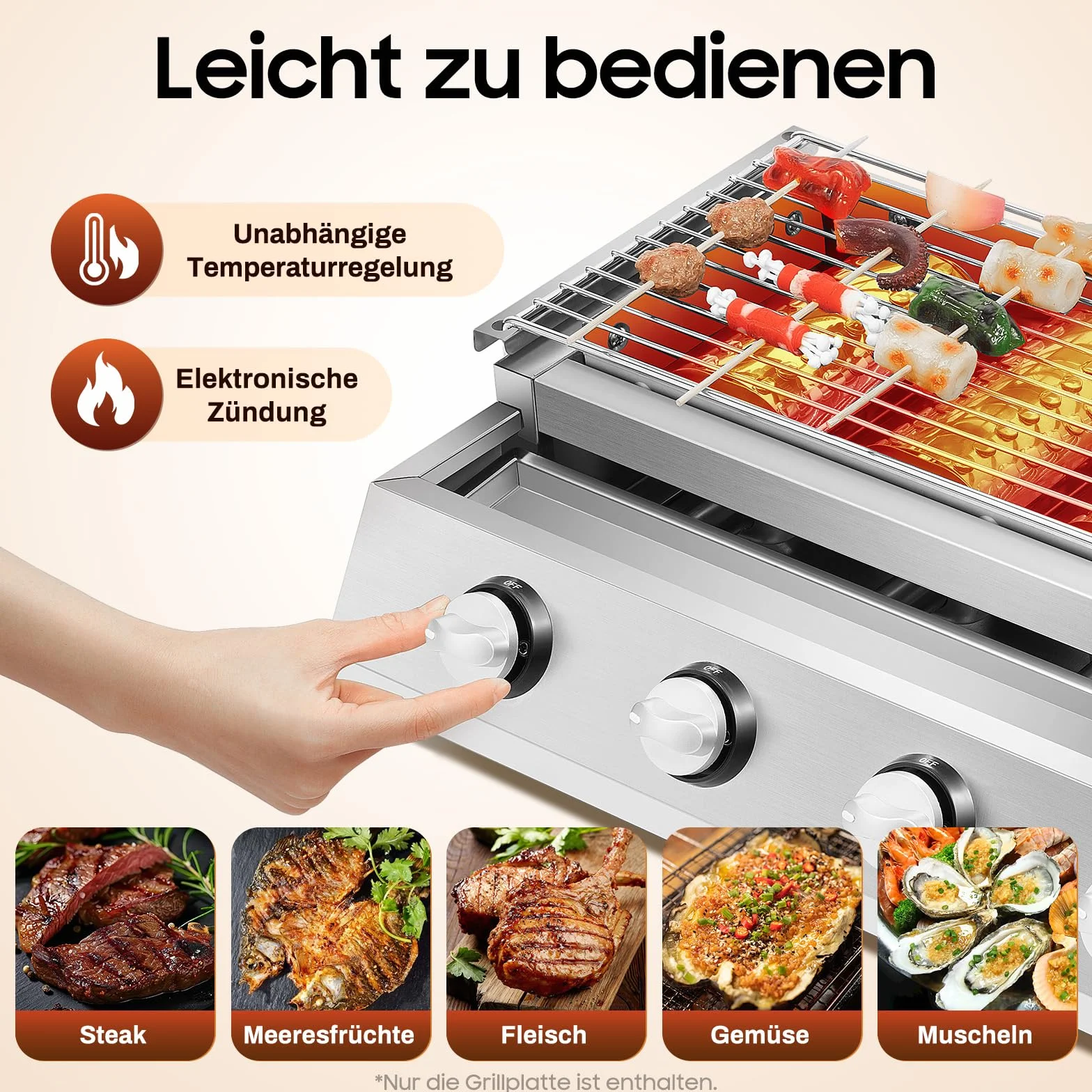 Barbacoa de gas, 4 quemadores, barbacoa de mesa, altura regulable 0-7 cm, encendido electrónico, asador de gas de acero inoxidable para camping, fiestas