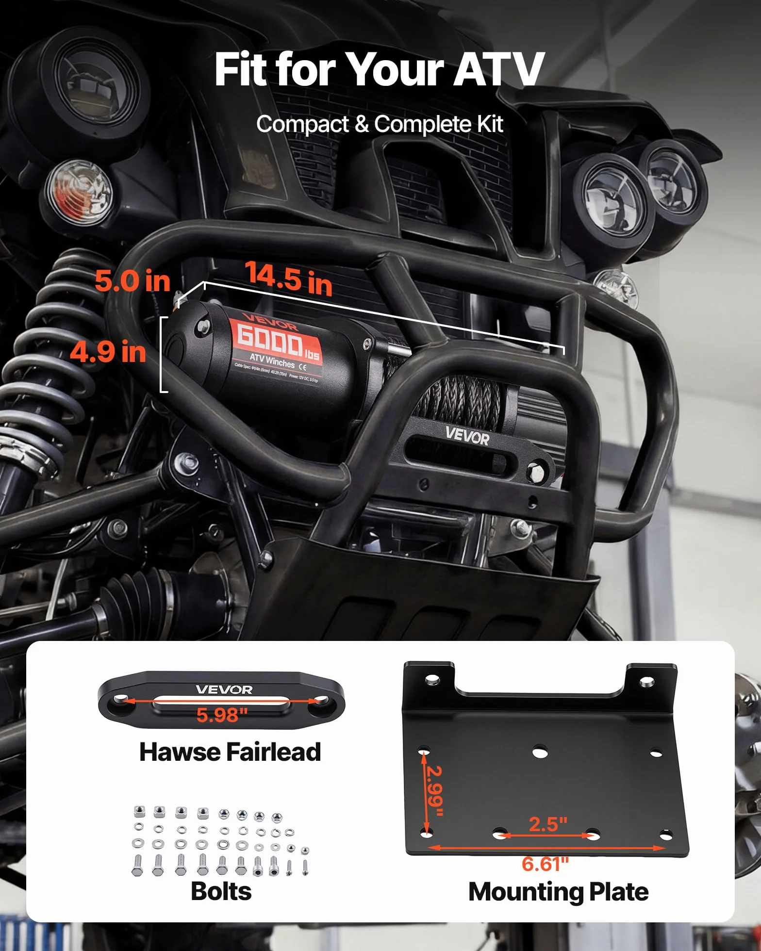 VEVOR Cabrestante Eléctrico 12V 2721 kg para ATV UTV con Cuerda Sintética de 6 mm x 15 m, Motor 2,6 kW, Control Remoto con Cable, Guía de Cable, Gancho y Soporte de Montaje para Exteriores Todoterreno