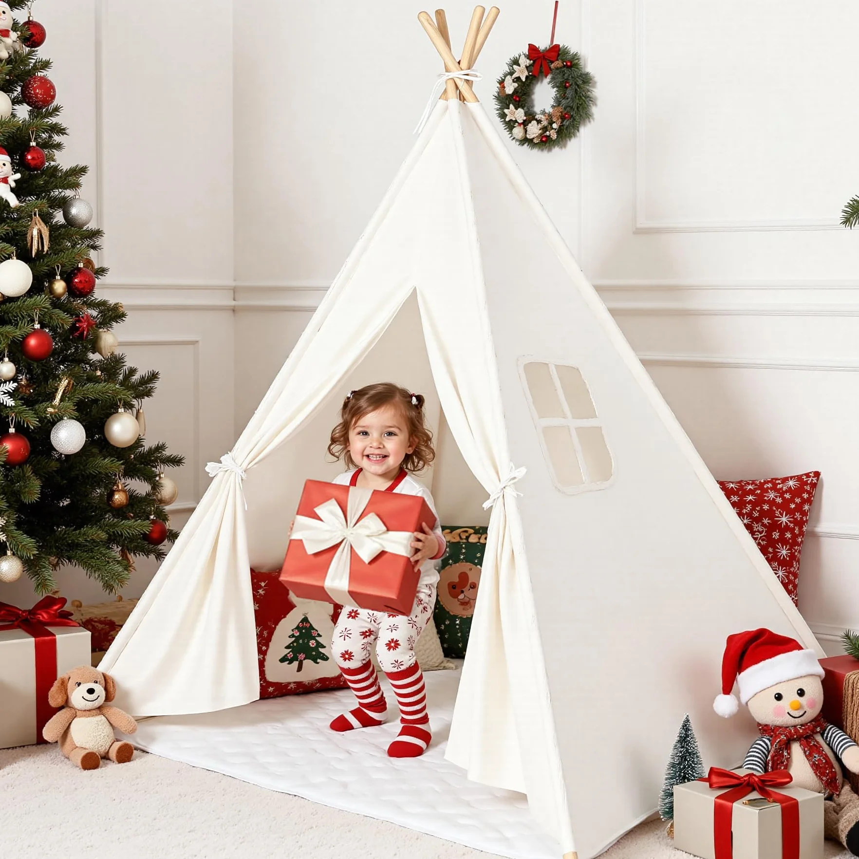 Tipi Infantil Algodón Tienda de Campaña Interior Madera Portátil Cabañas para Niños Blanco Roto