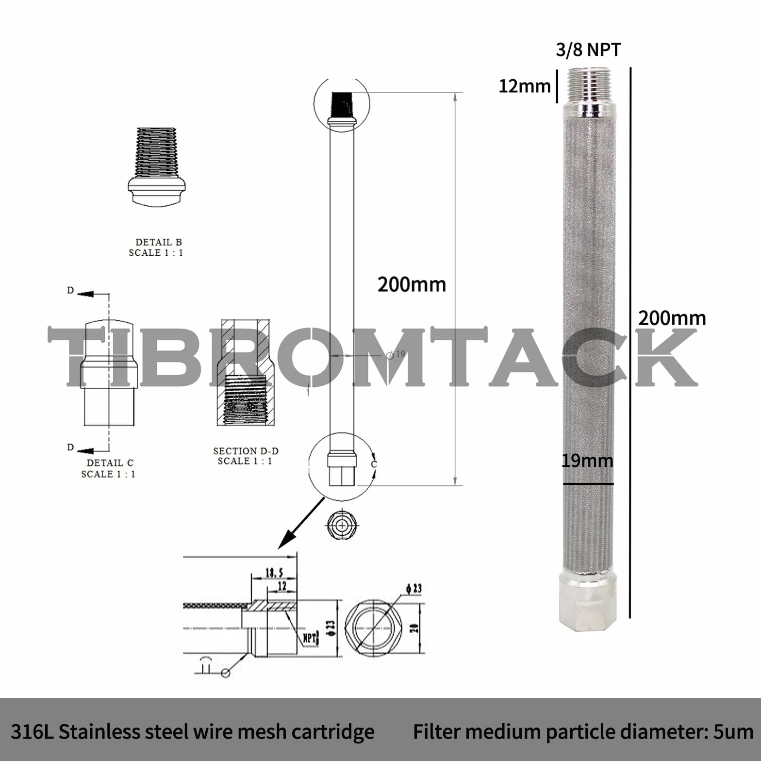 Elemento de filtro sinterizado de acero inoxidable 316L φ19 x 200 precisión 5μm