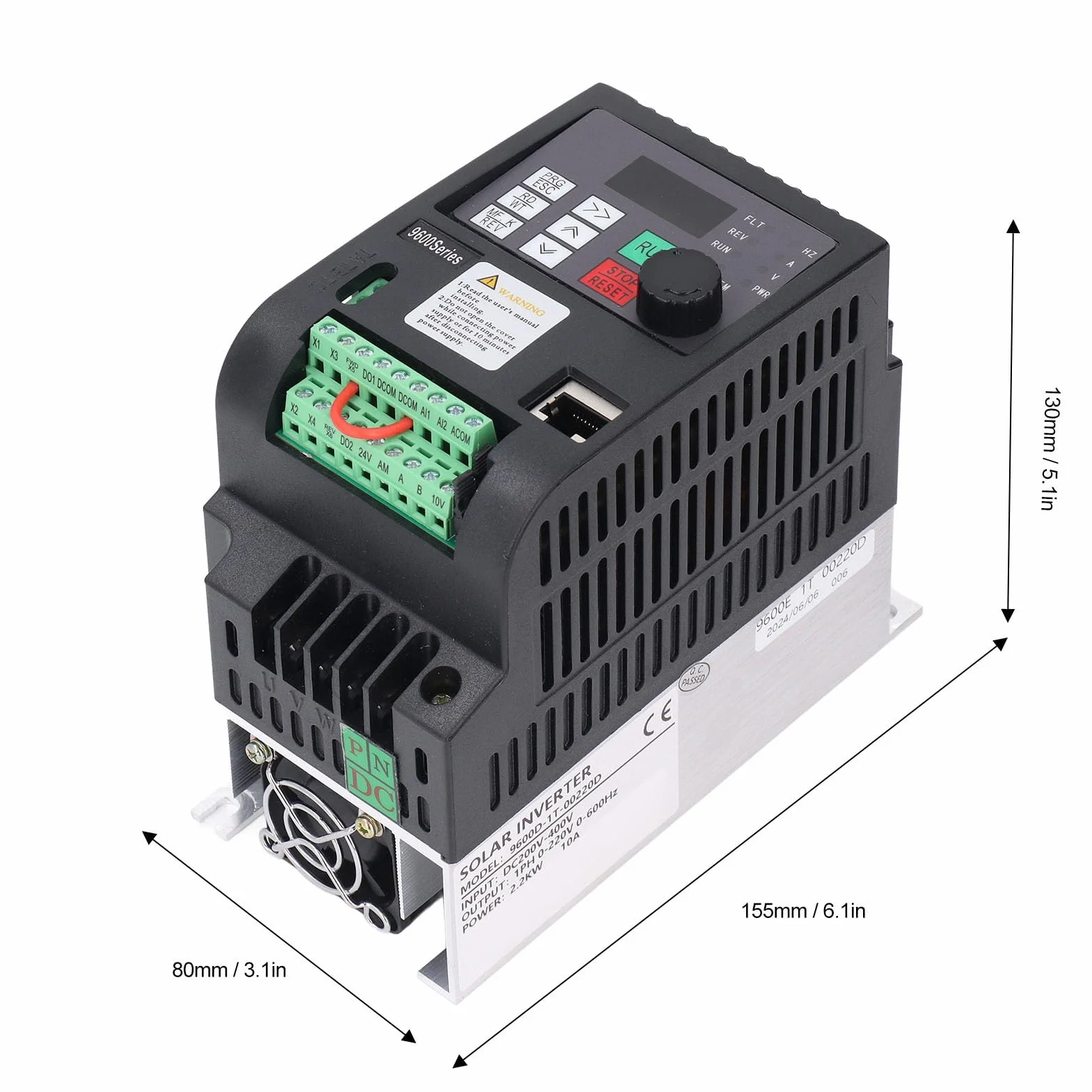 Inversor Solar Monofásico 2.2KW, Control de 8 Velocidades Entrada 200‑400VDC Salida 0‑220VAC Variador de Frecuencia con Controlador MPPT y Ventilador de Enfriamiento 24V DC