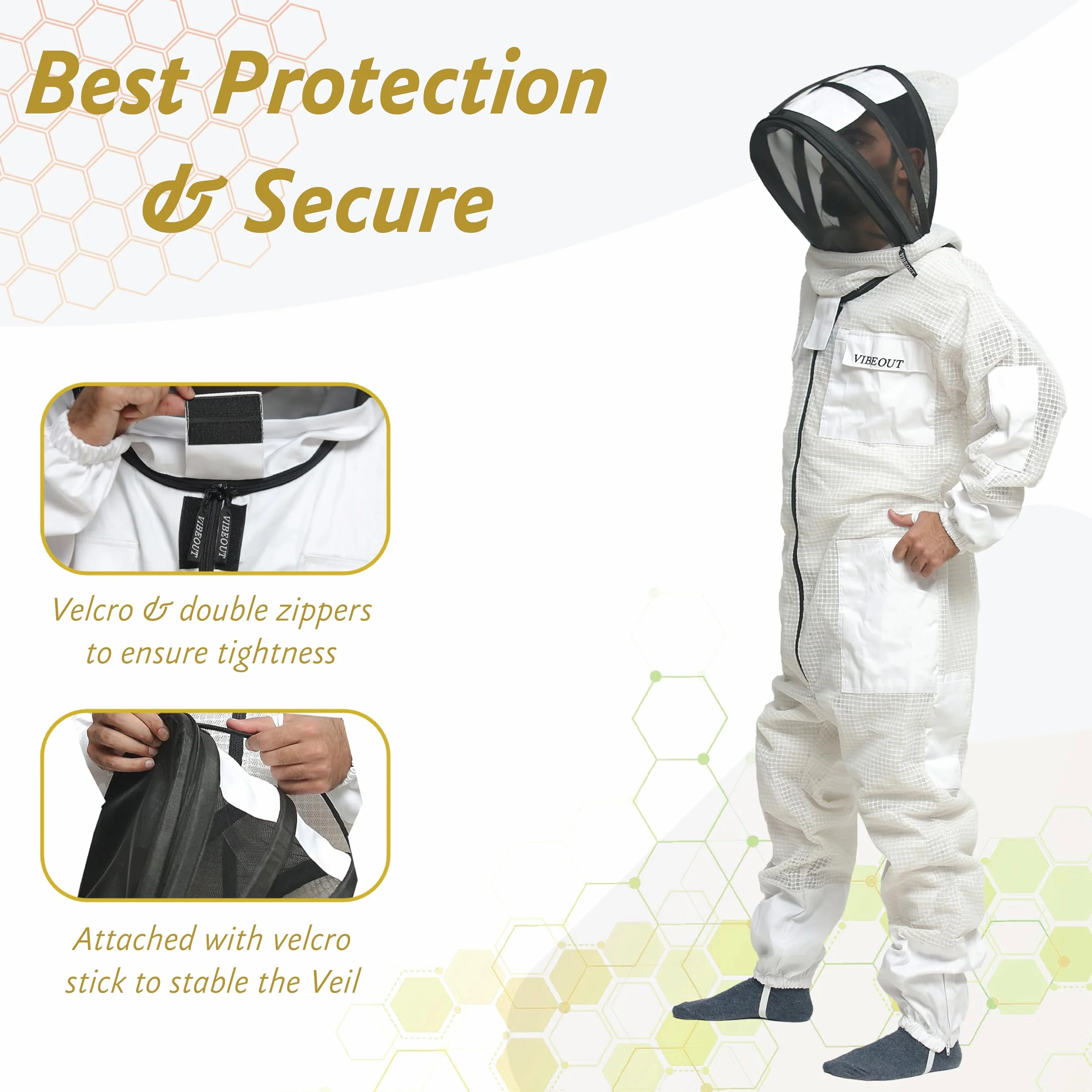 Traje de abeja Ultra ventilado 3 capas Premium Mesh Mono de apicultor Hombre Mujer Velo de esgrima Mono de apicultor anti picadura Profesional Traje de avispa Equipo de protección (Blanco, Large)