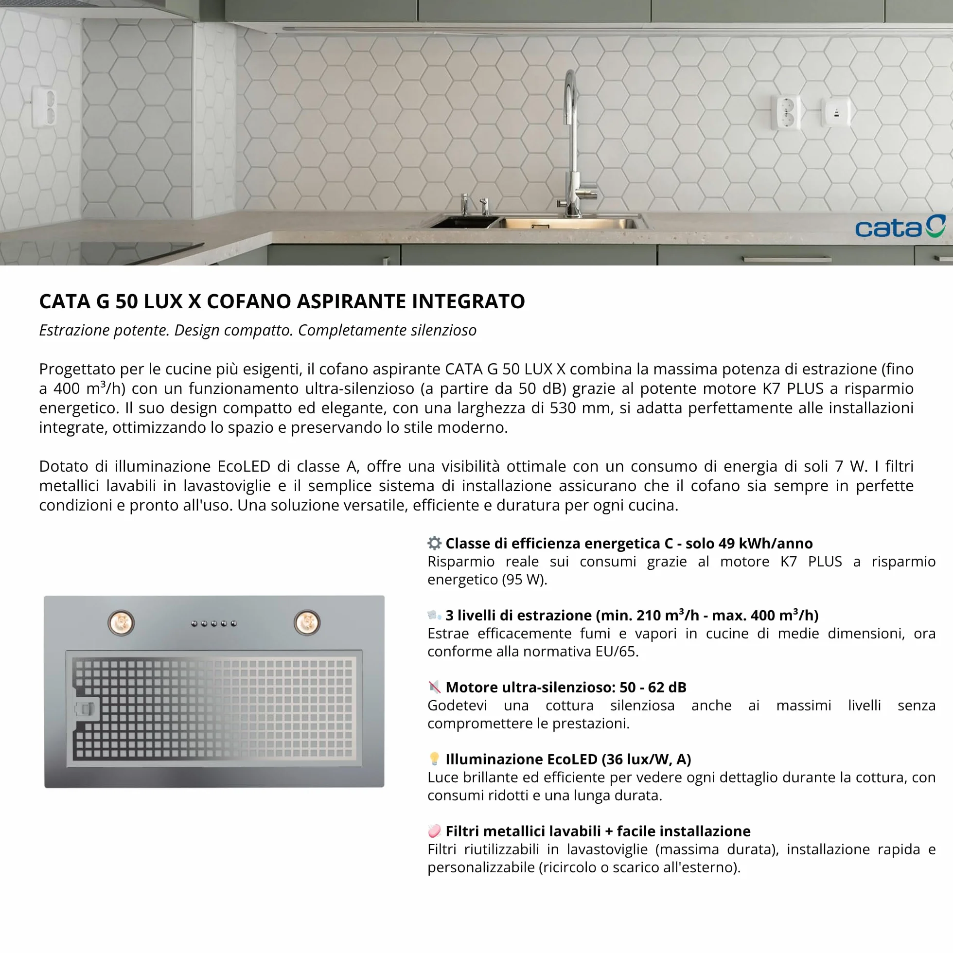 Campana Extractora Cata G50 LUX X 50 cm Acero Inoxidable 3 Niveles Motor Silencioso Clase C