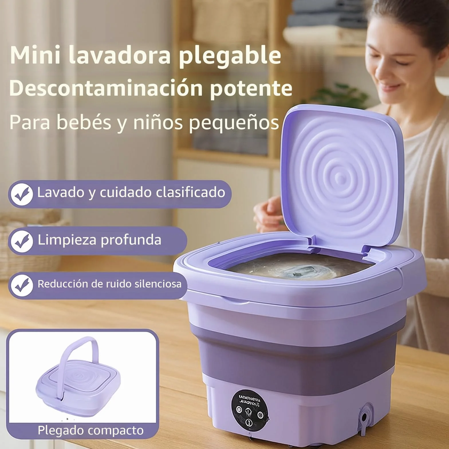 Mini lavadora portátil 8L plegable con manguera de drenaje motor silencioso lavado rápido