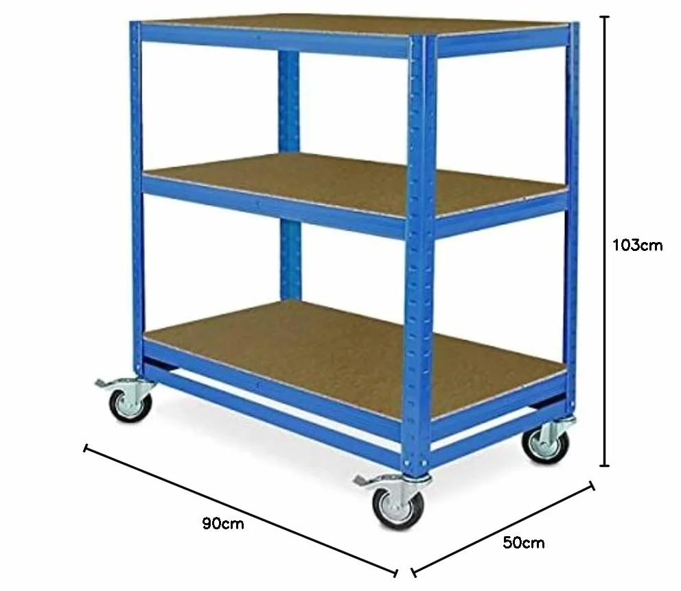 Carro de la Comisión con 3 Niveles, 900 x 500 x 1030 mm, Azul, Capacidad de Carga de 200 kg