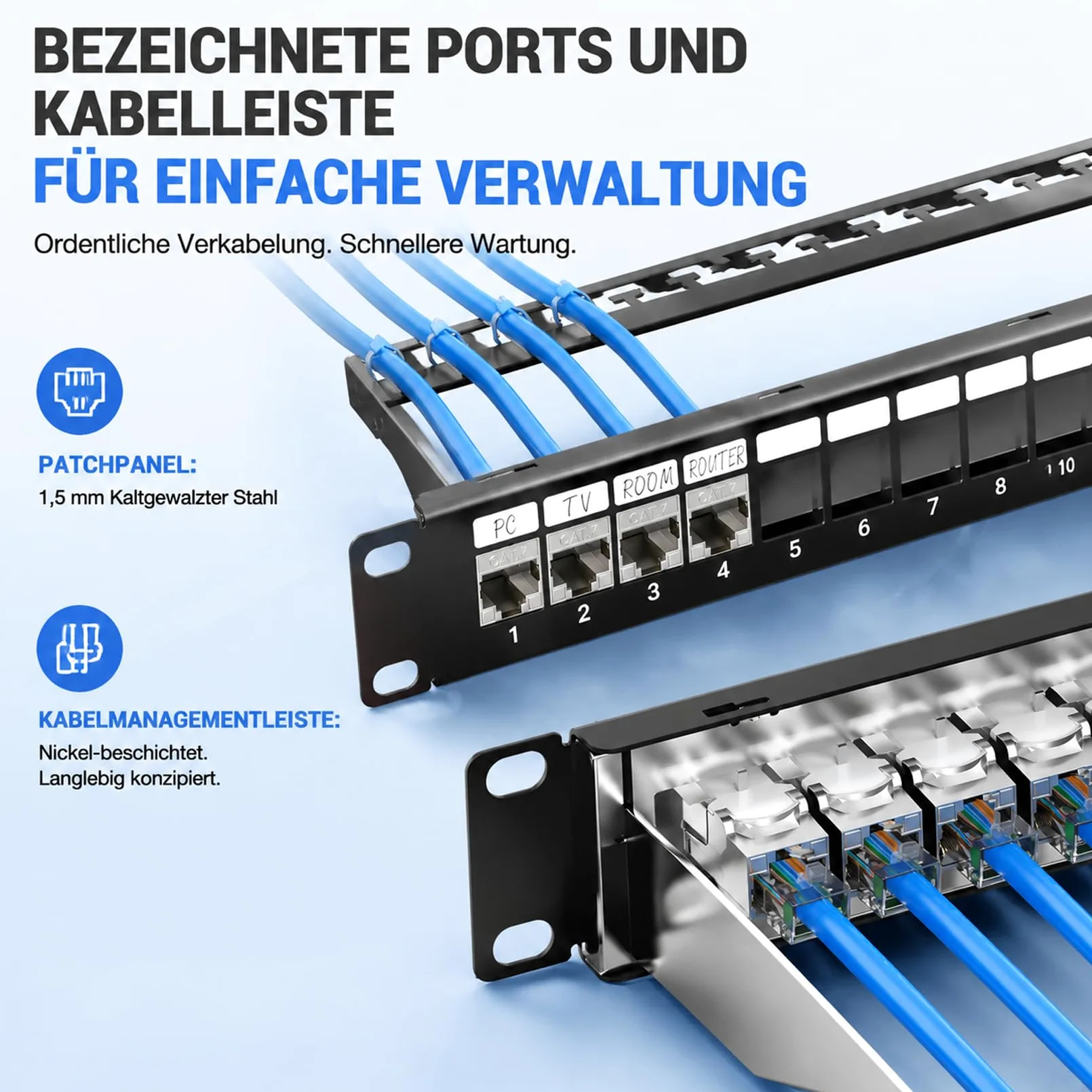 Panel de conexión de 19 pulgadas y 24 puertos, panel de conexiones blindado con módulos Keystone, acoplamiento CAT 7 Keystone RJ45, panel de conexiones 1U en blanco para rack de red