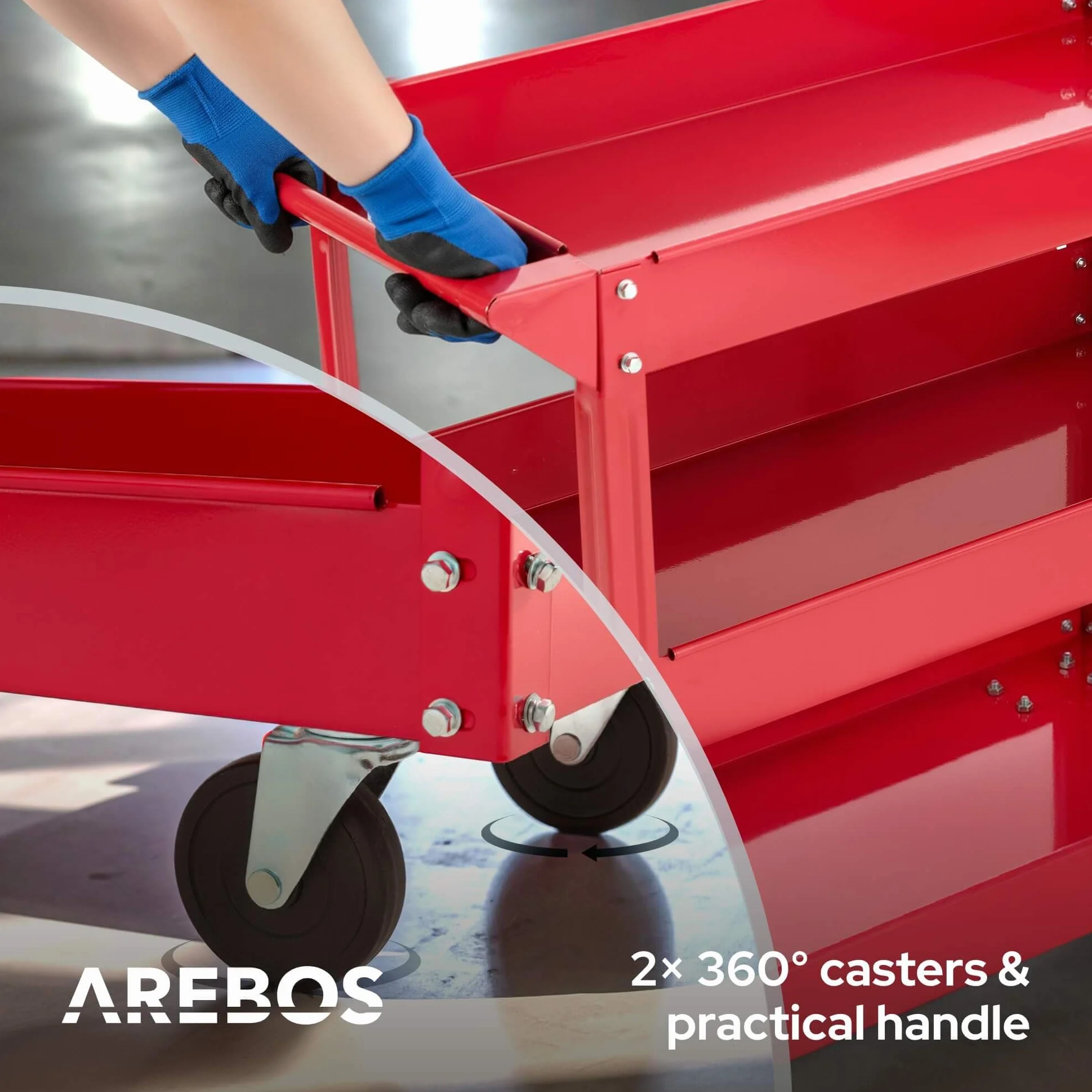 Arebos Juego de 2 Carros de Taller con 3 Estantes | Estructura de Acero Robusta | Capacidad hasta 120 kg | Carro Móvil para Taller, Garaje y Bricolaje