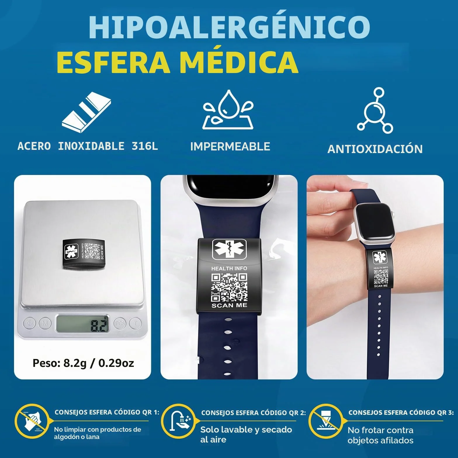 Pulseras médicas unisex con código QR, pulsera de emergencia de silicona impermeable para muñecas de hasta 22,9 cm