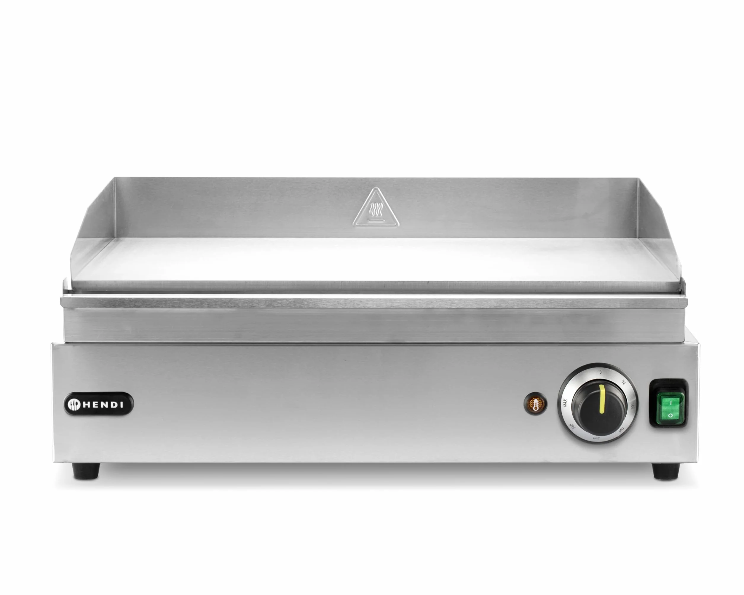 HENDI Plancha de asar eléctrica lisa, grill parrilla con bandeja de goteo extraíble, temperatura regulable hasta 300°C, 230V, 2400W, 527x404x(H)233mm, acero inoxidable