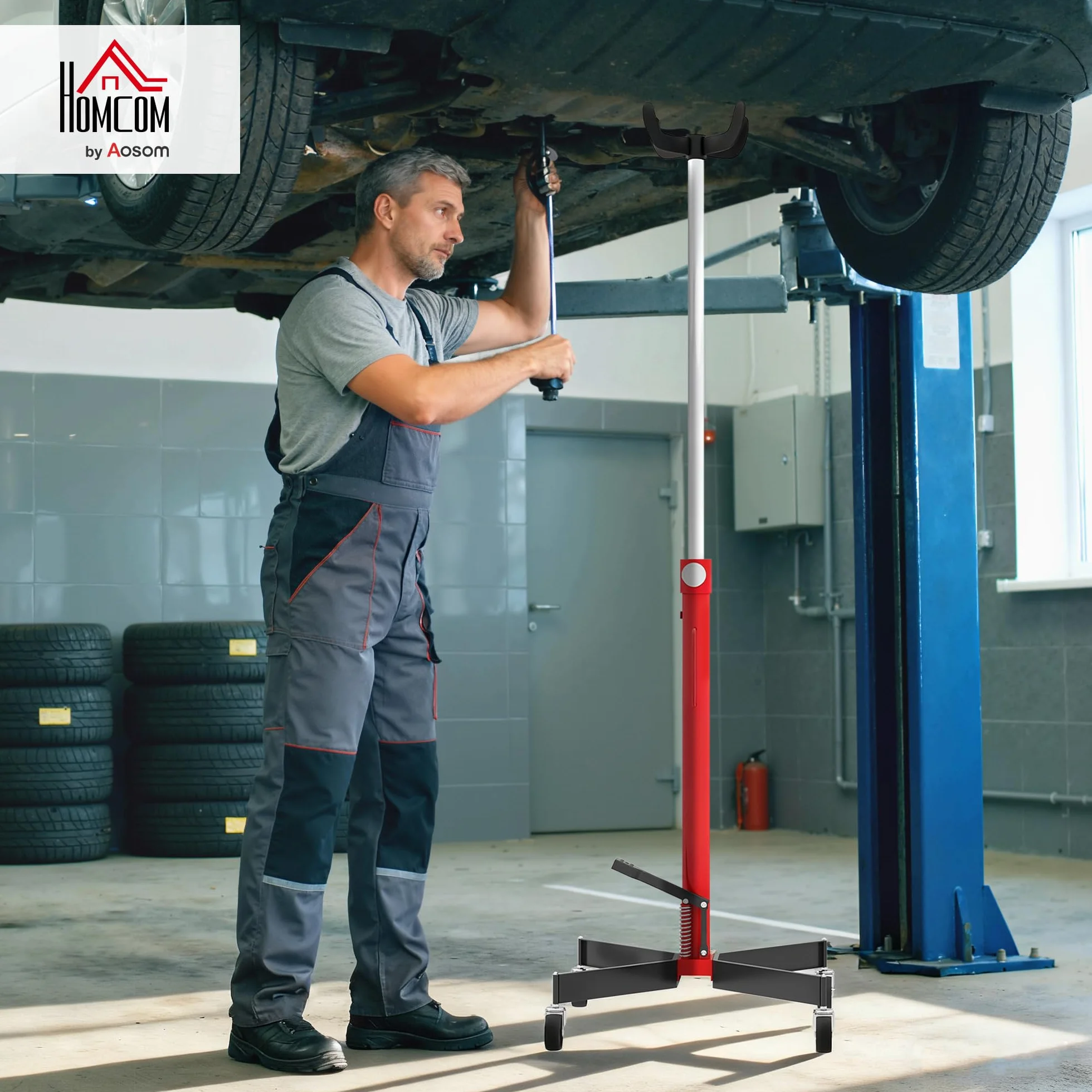 HOMCOM Gato hidráulico de foso para caja de cambios, gato elevador de acero 500 kg, altura regulable 110-191,5 cm, gato hidráulico de transmisión 4 ruedas giratorias, pedal, para coches, rojo