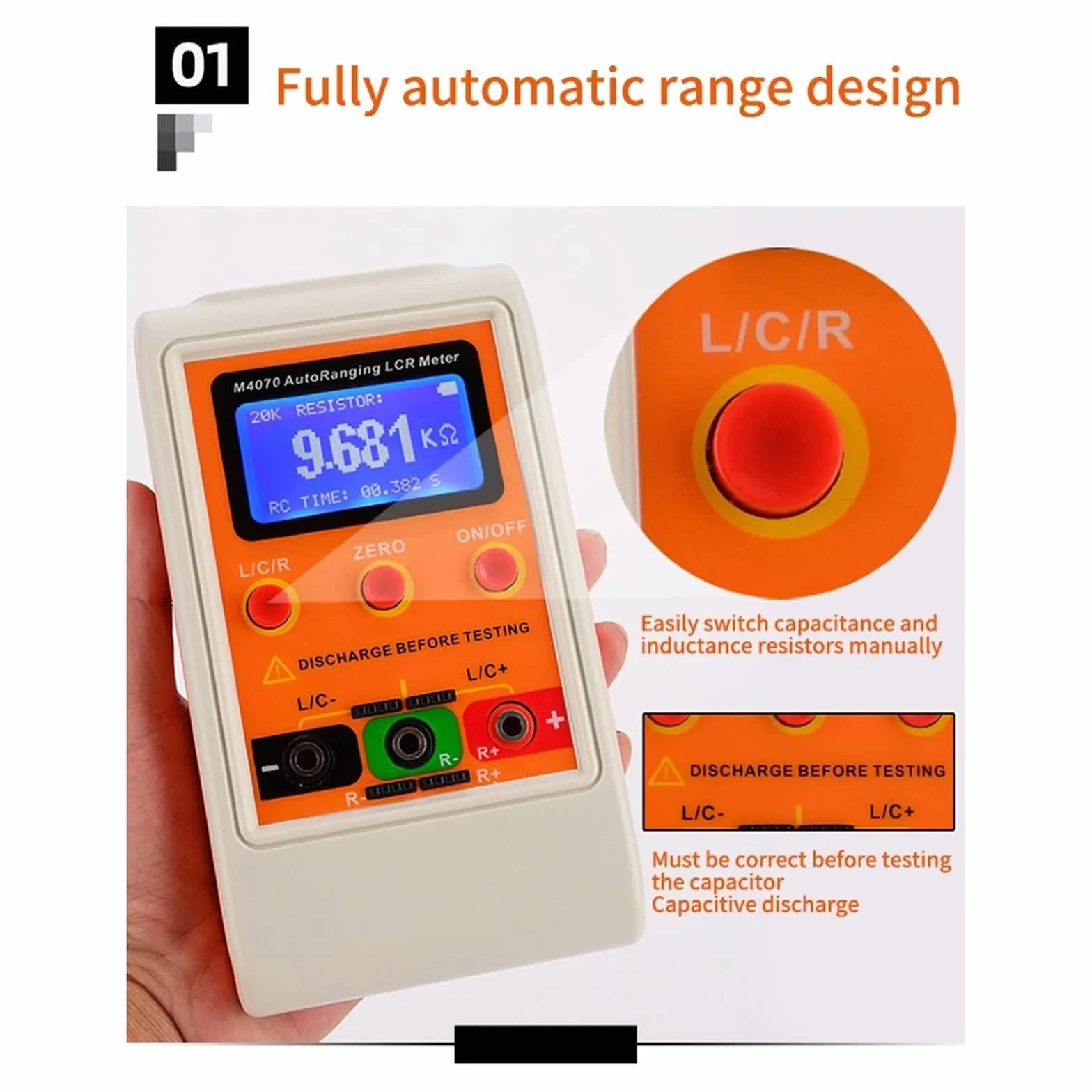 Medidor de puente LCR de rango automático, LCD, recargable, medidor de capacitancia e inductancia digital, rango amplio, 100 h, 100 mF, 20 MR, recargable, M4070,Pruebas confiables