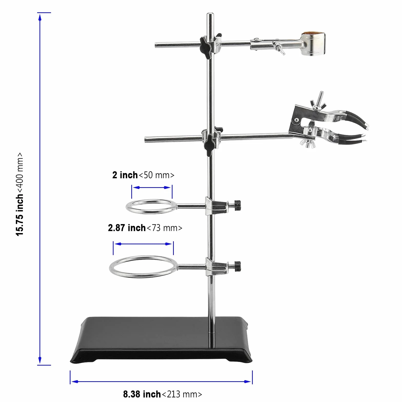 Juego de utensilios de metal de grado de laboratorio, soportes con anillos de retórtica, abrazadera de matraz, abrazadera de bureta, longitud de varilla de 16 pulgadas, soporte de laboratorio y juego