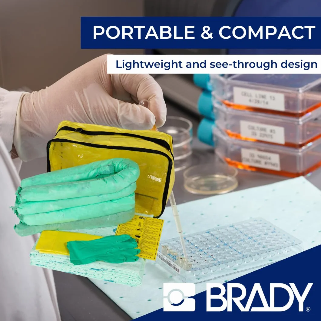 SPC® by Brady Kit Anticontaminación Químico – Kit Portátil para Derrames de Sustancias Químicas Peligrosas, Incluye 25 Almohadillas Absorbentes Químicas, 4 Calcetines, Guantes y Bolsa para Desechos