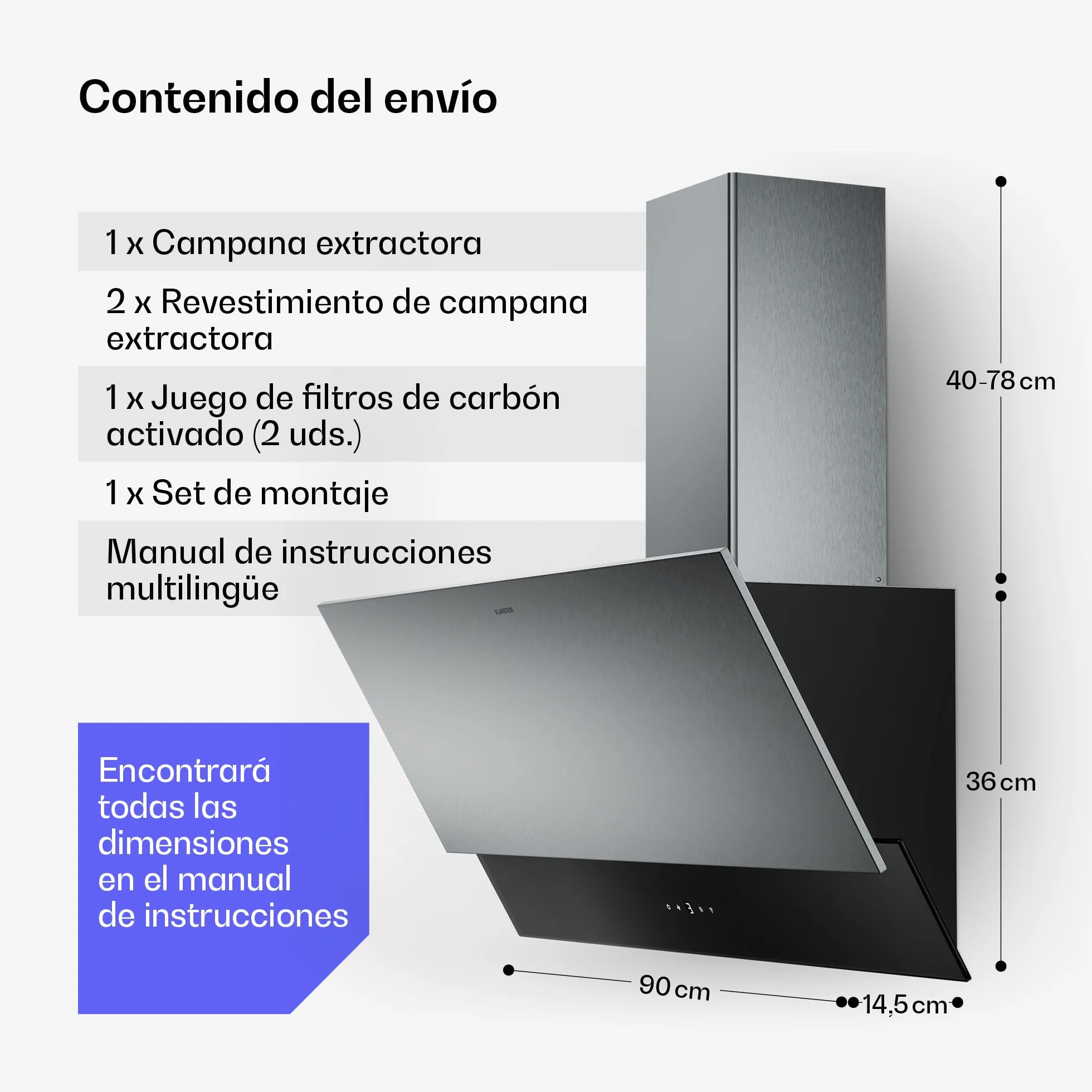 Klarstein Verosteel Campana Extractora 90 cm 624 m³/h A++ LED Táctil Filtros Lavavajillas Inox Cristal