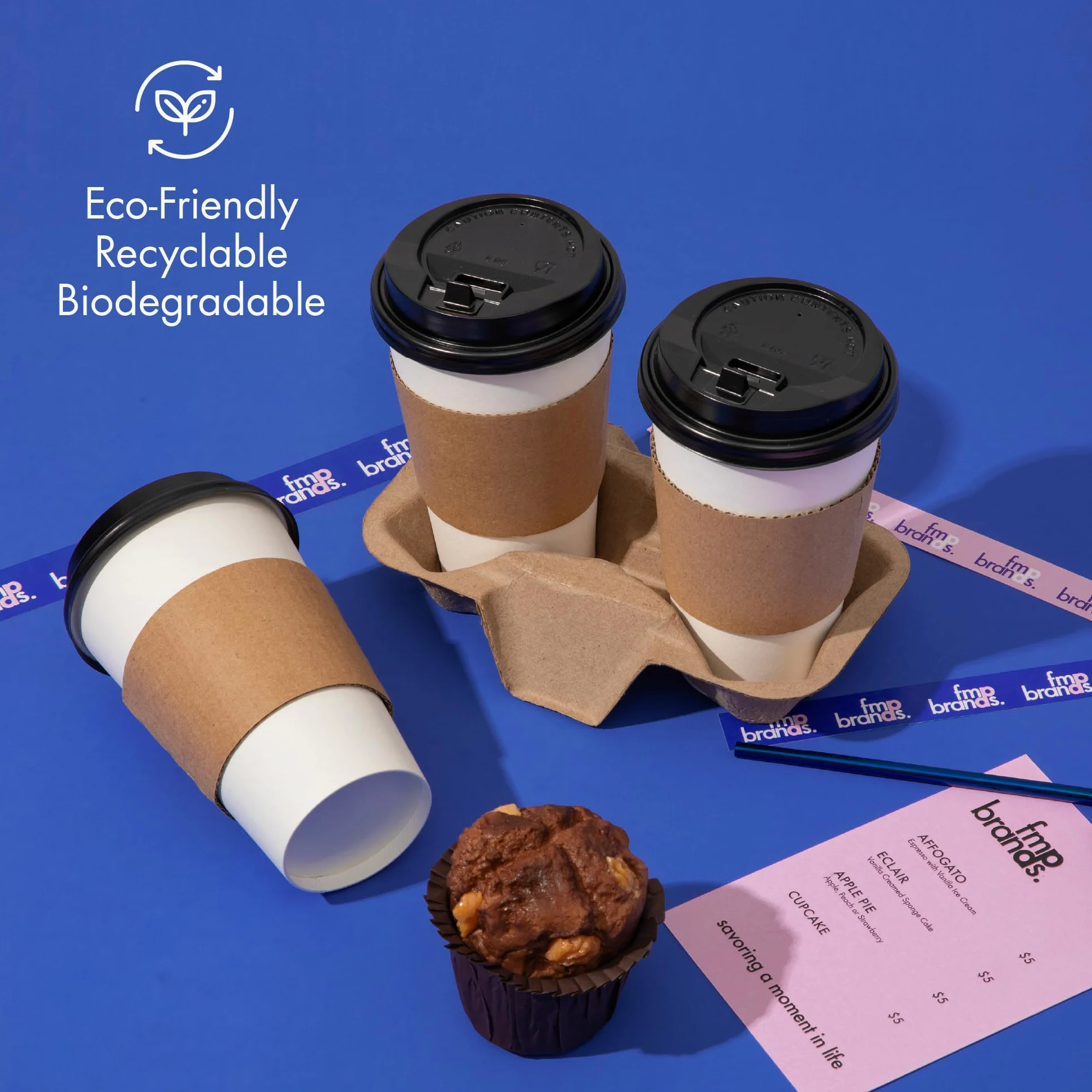 [Paquete de 100] Bandeja portadora de bebidas de fibra de pulpa biodegradable, contenedor de 2 tazas, compostable, apilable, ecológico, soporte de transporte para bebidas calientes y frías