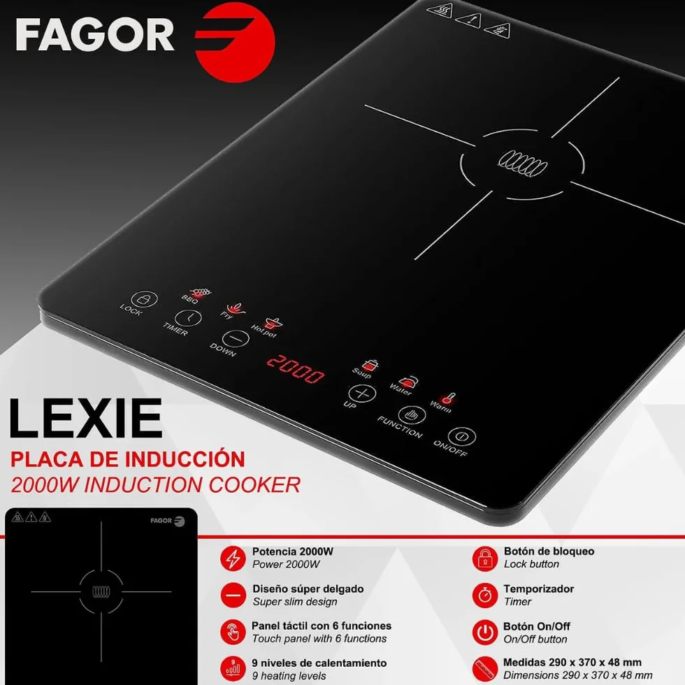 FAGOR Lexie Placa de Inducción Portátil 2000W Ultra Slim con Pantalla Táctil