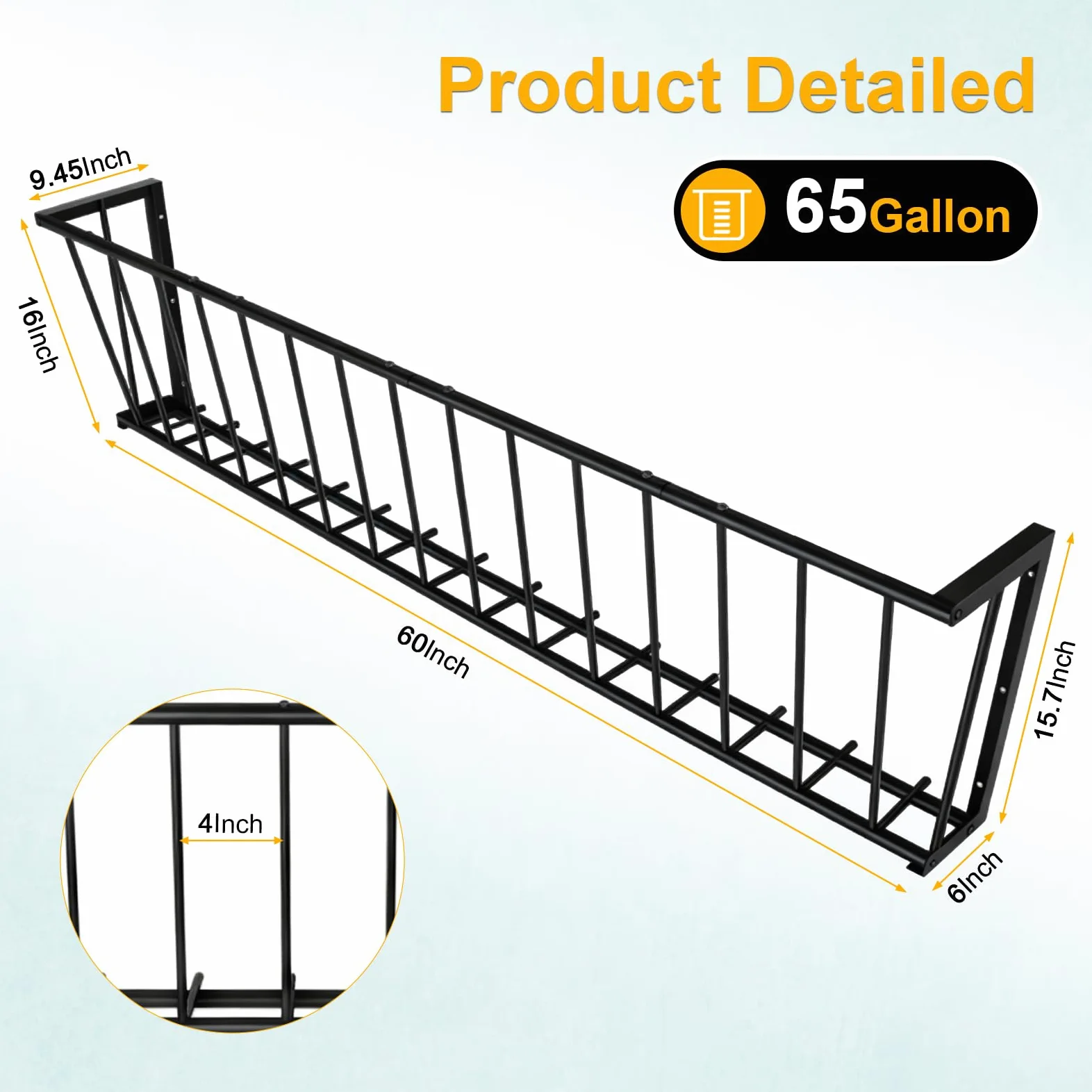 Alimentador de heno de metal para montaje en pared, 60 pulgadas de largo, 65 galones, comedero para ganado, cabras, caballos, ganado, estante para heno para interiores y exteriores