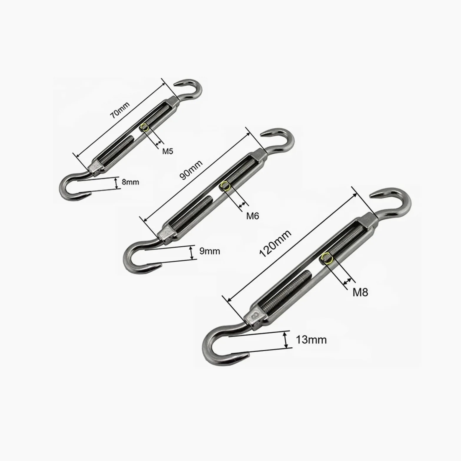 Tensor de cable, 2/5/10 Uds gancho y gancho de acero inoxidable 304 plateado M5/M6/M8 tensor de estilo europeo(M8,10pcs)