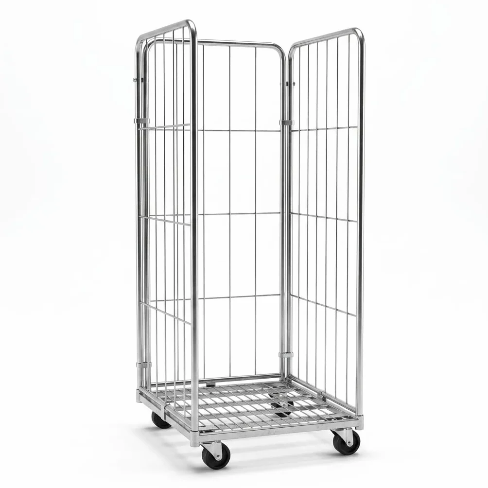 KM Roll Container 3 Lados – Carro Industrial con Ruedas Giratorias de 100mm, Estructura Zincada Resistente. Capacidad 400 kg, Diseño Desmontable. Ideal para Almacenes y Logística Profesional.