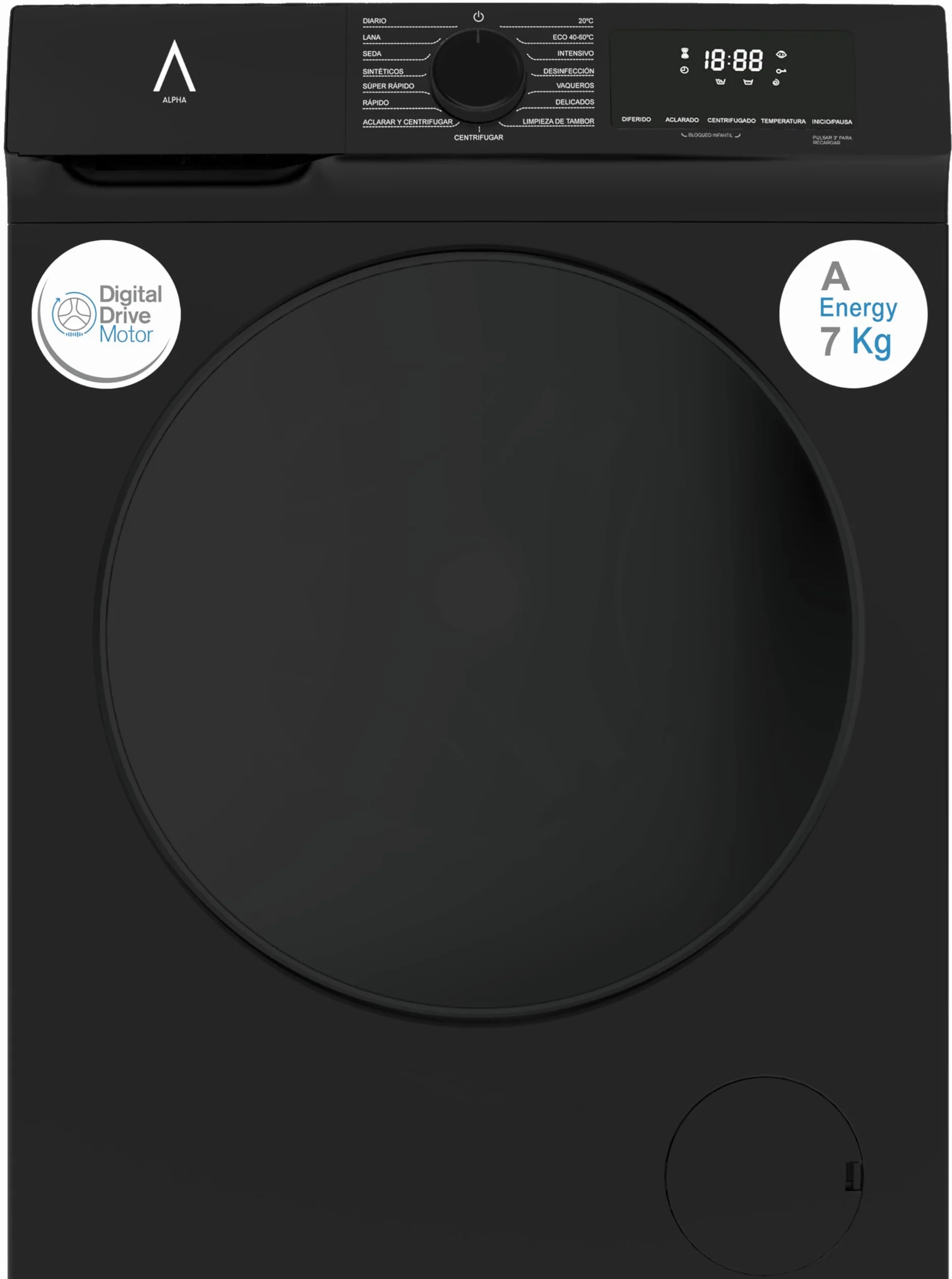 ALPHA Lavadora TITAN Elite-7, 7kg, 1200rpm, Eficiencia A, Negro Brillo