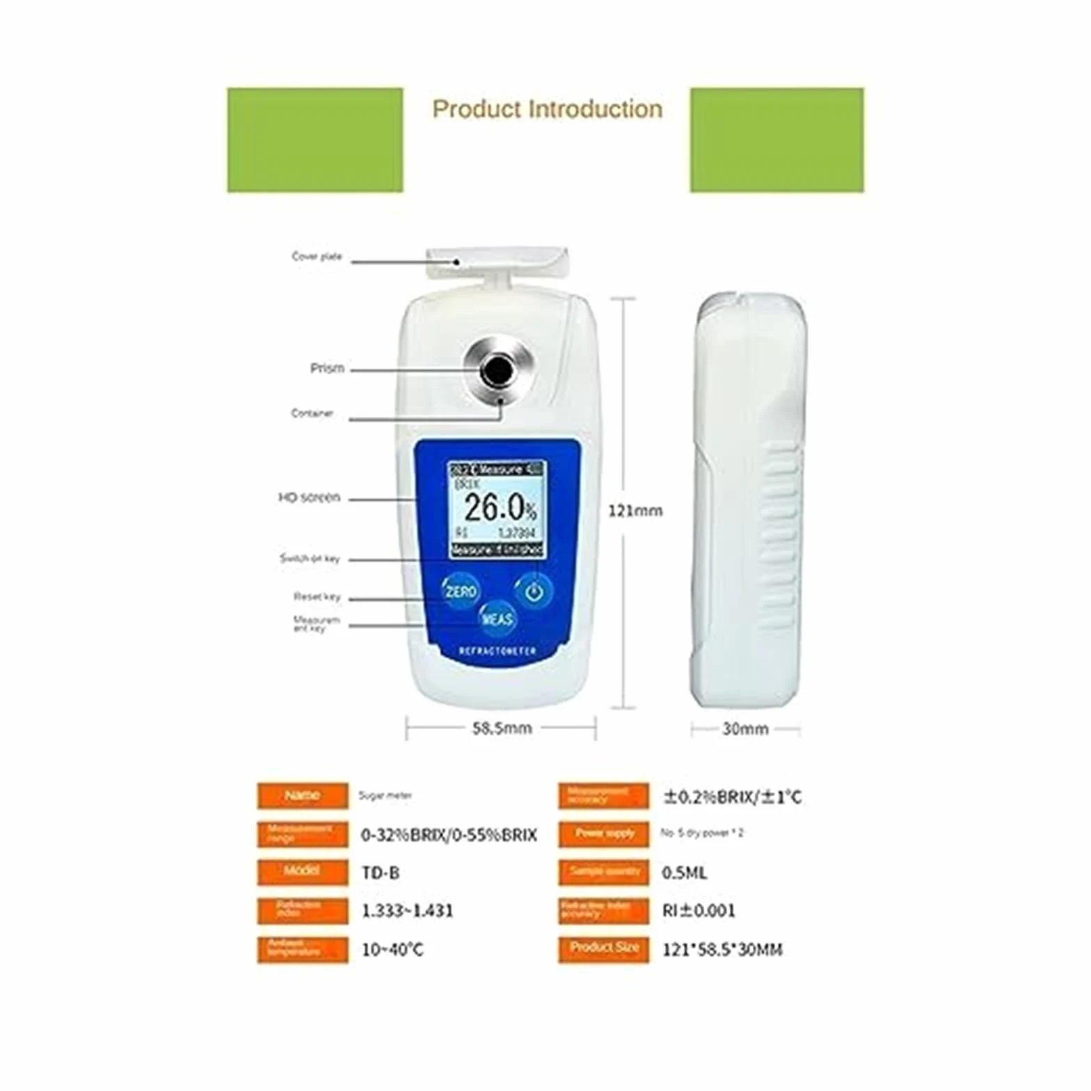 Refractómetro digital for jugos y bebidas, rango de medición 0 55% fácil usar