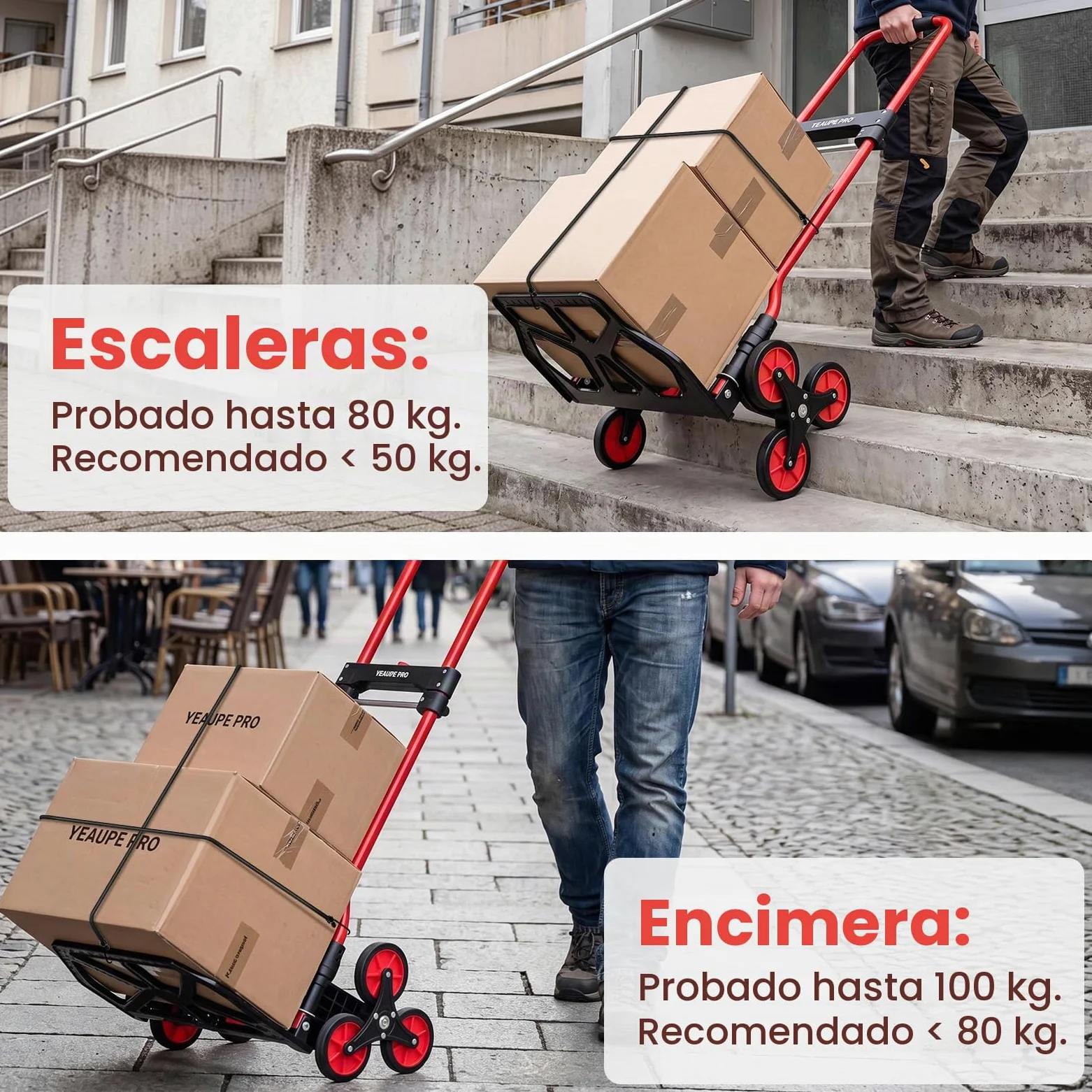 YEAUPE PRO Carretilla de Mano Plegable Escaleras 50 kg Rojo | Ruedas TPR grandes, mango telescópico regulable y 2 cuerdas incluidas para subir escaleras, mudanzas y transporte