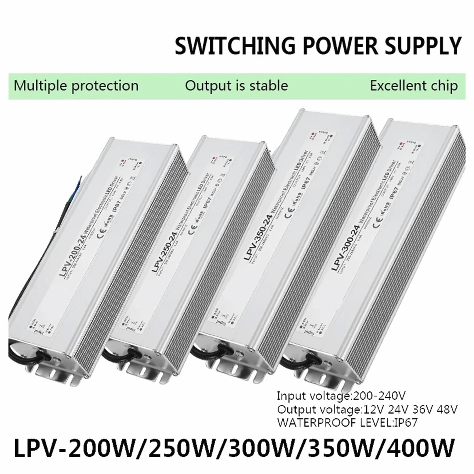 Fuente de alimentación conmutada Impermeable IP67, 200 W, 250, 300, 350, 400, CA/CC, 12 V, 24, 36, 48, Controlador Voltaje Constante | 36v-250w