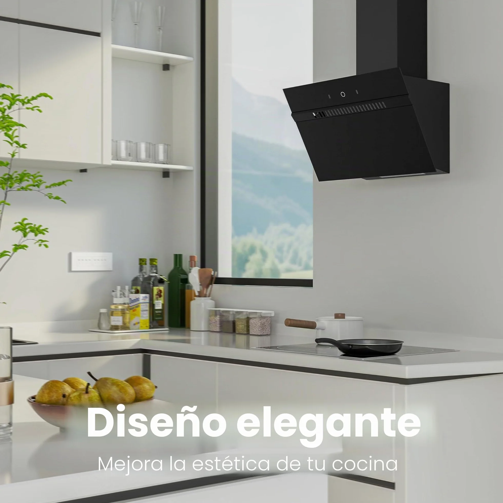 FIREGAS Campana Extractora Inclinada 60 cm Clase A+++ Motor sin Escobillas 684 m³/h Control Táctil y por Gestos 9 Velocidades Negro