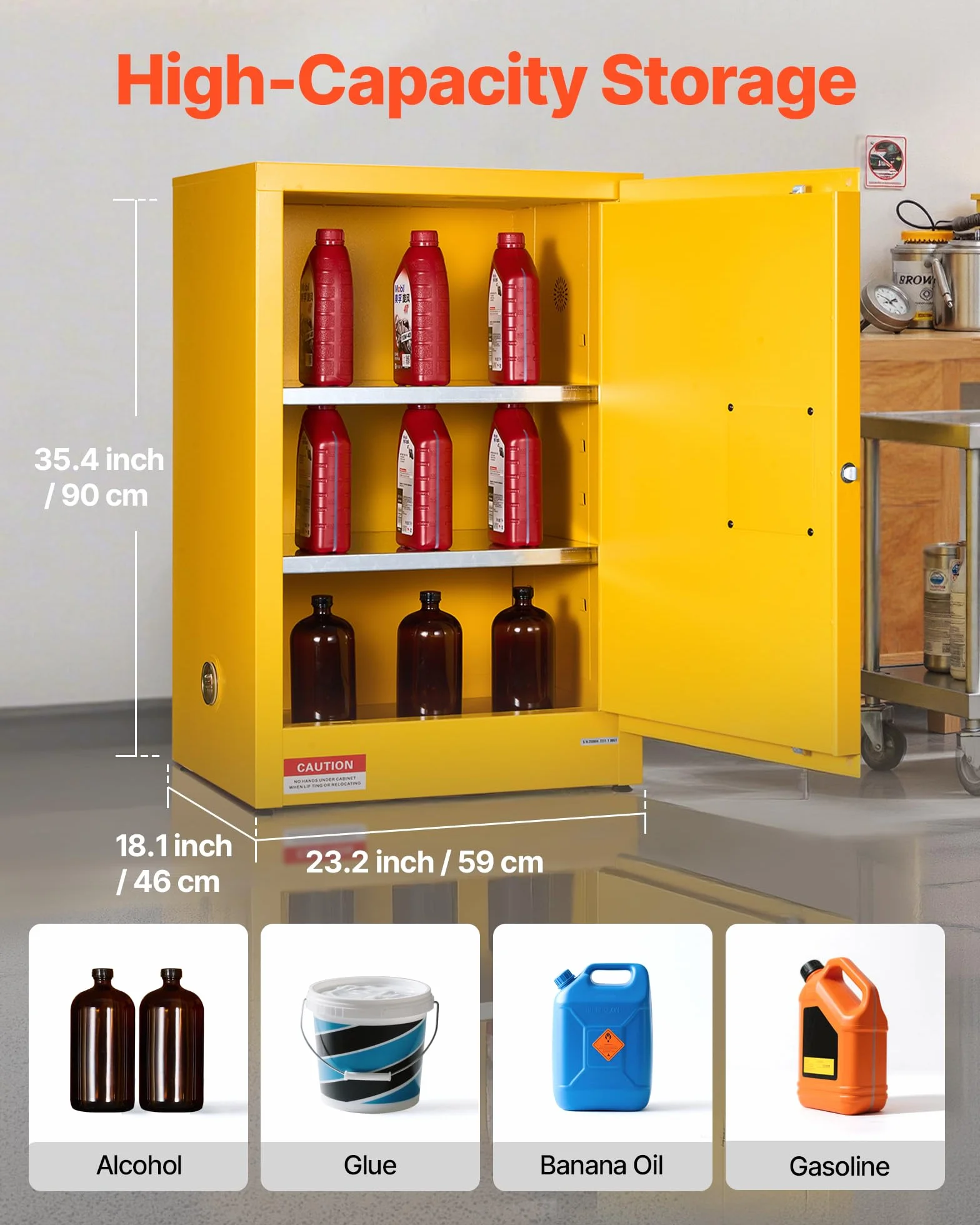 VEVOR Gabinete para Materiales Inflamables, Gabinete Ignífugo 59 x 46 x 90 cm de 49,21 L de Acero Laminado en Frío y Galvanizado con Estante Ajustable para Uso Comercial/Doméstico, Amarillo