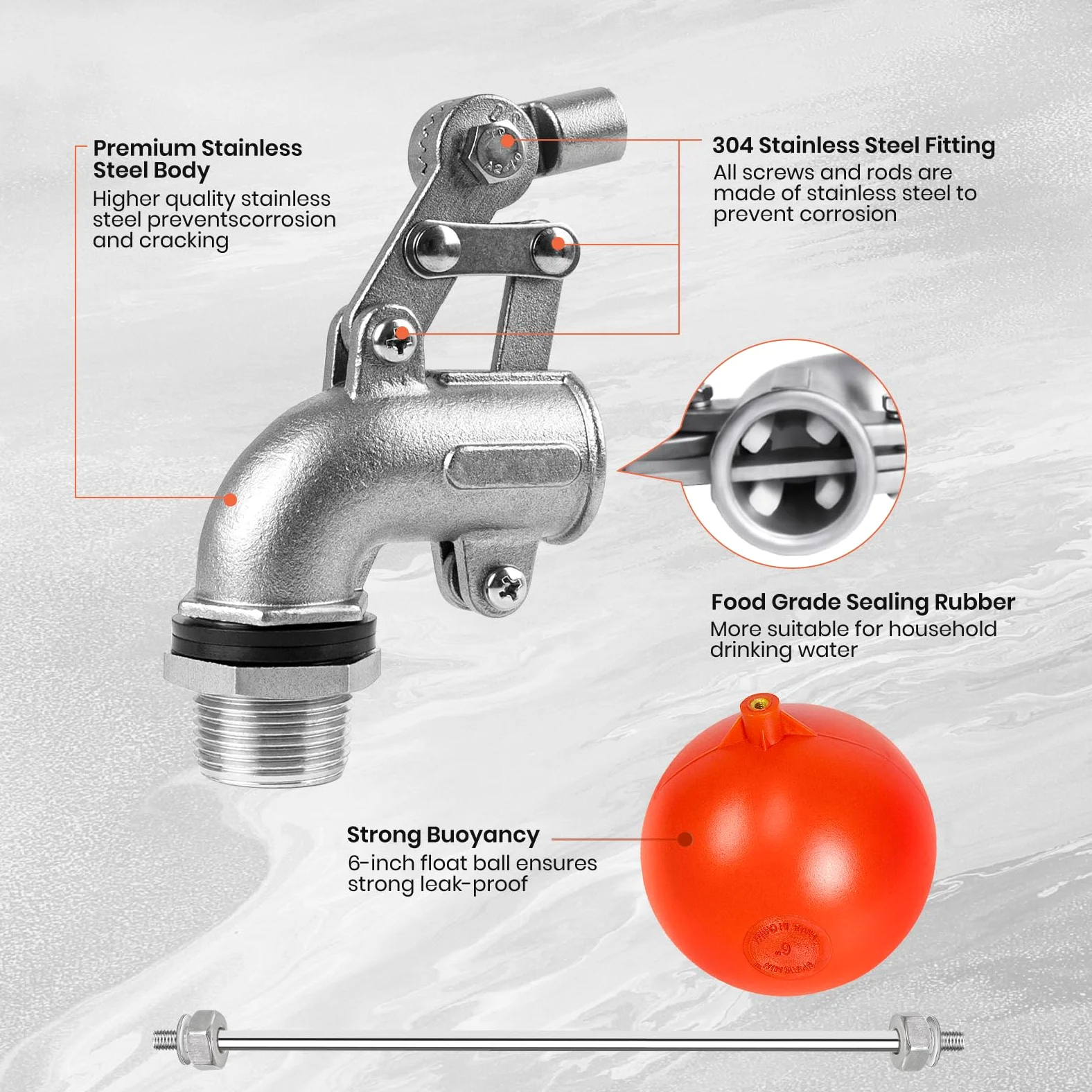 Válvula flotante de acero inoxidable de 3/4 pulgadas para tanque de agua, diseño resistente con varilla de ángulo ajustable para un control preciso del nivel de agua, incluye bola flotante de 6