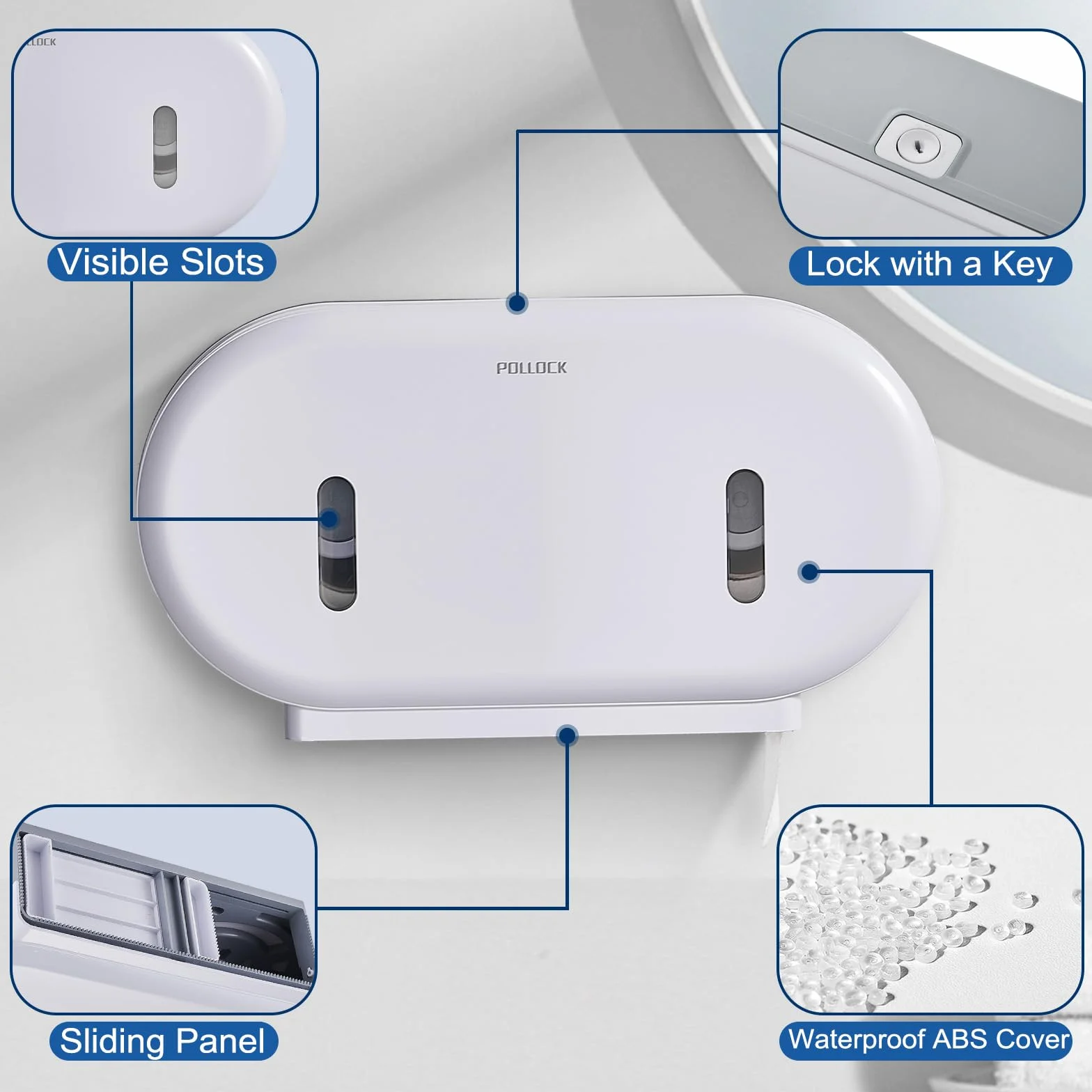 Pollock Dispensador de Doble Rollo de Papel Higiénico Jumbo, Capacidad Extragrande, Sin Agujeros, Blanco