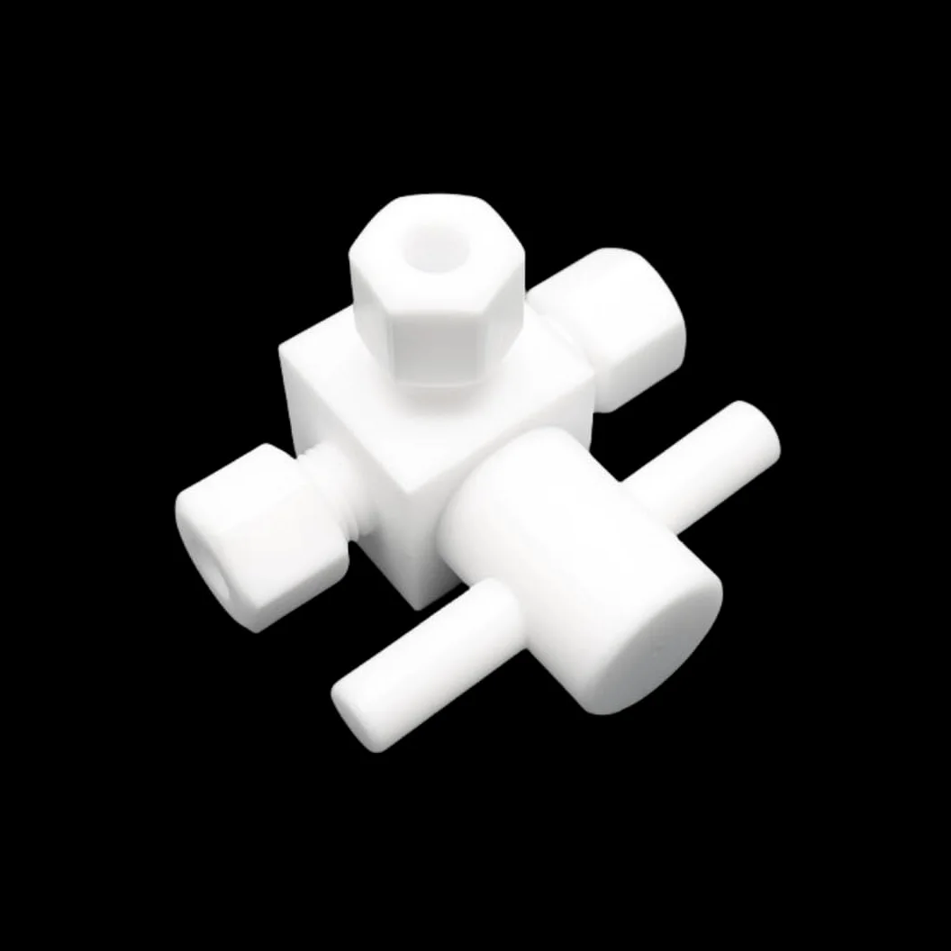 Válvula de bola de 3 vías de PTFE: T duradera de conversión horizontal de PEFT for control de fluidos(3-3-3mm)
